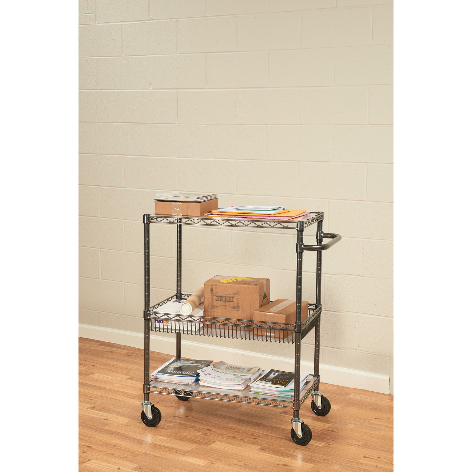 Three-Shelf Wire Cart with Liners, Metal, 3 Shelves, 600 lb