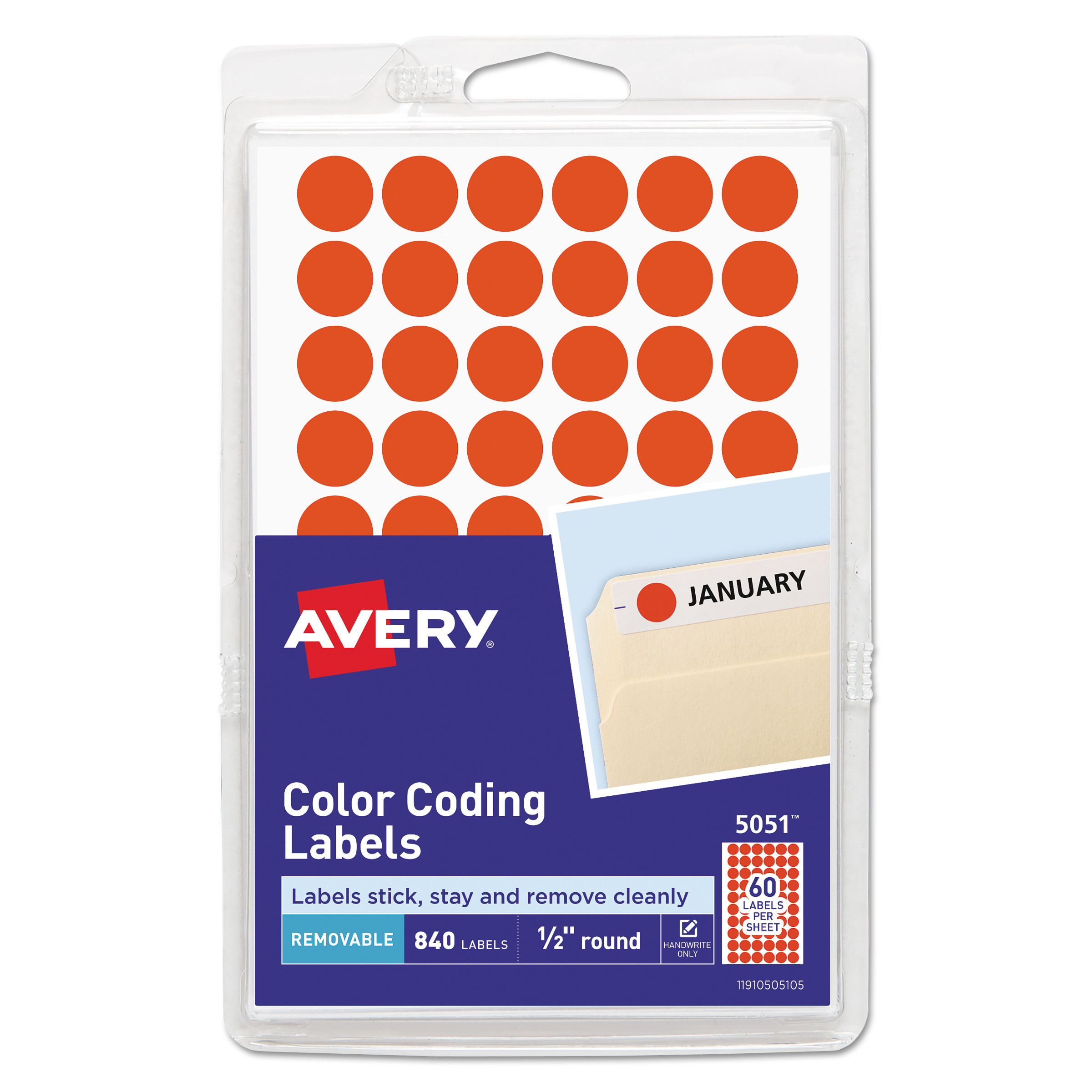  Avery 05051 Handwrite Only Self-Adhesive Removable Round Color-Coding Labels, 0.5 dia., Neon Red, 60/Sheet, 14 Sheets/Pack (AVE05051) 