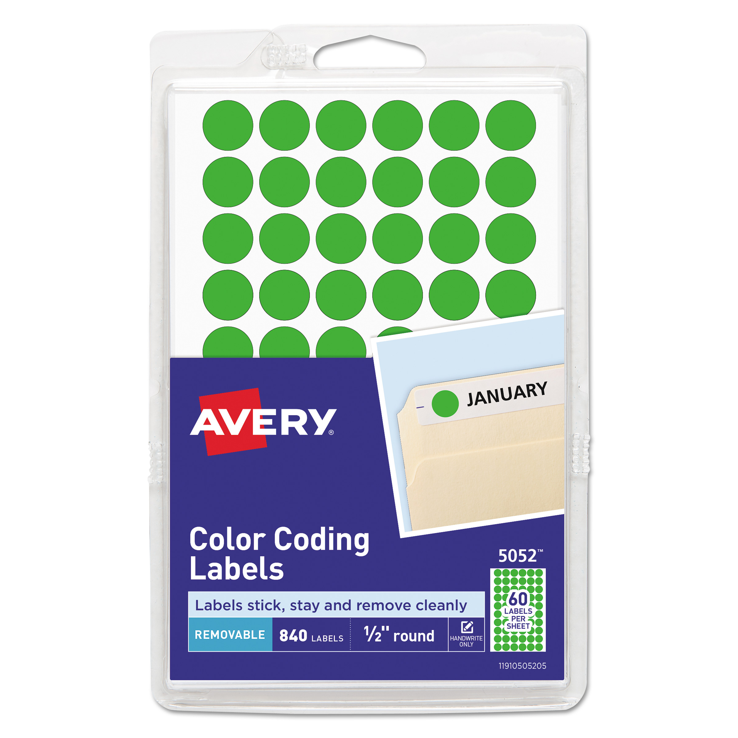  Avery 05052 Handwrite Only Self-Adhesive Removable Round Color-Coding Labels, 0.5 dia., Neon Green, 60/Sheet, 14 Sheets/Pack (AVE05052) 