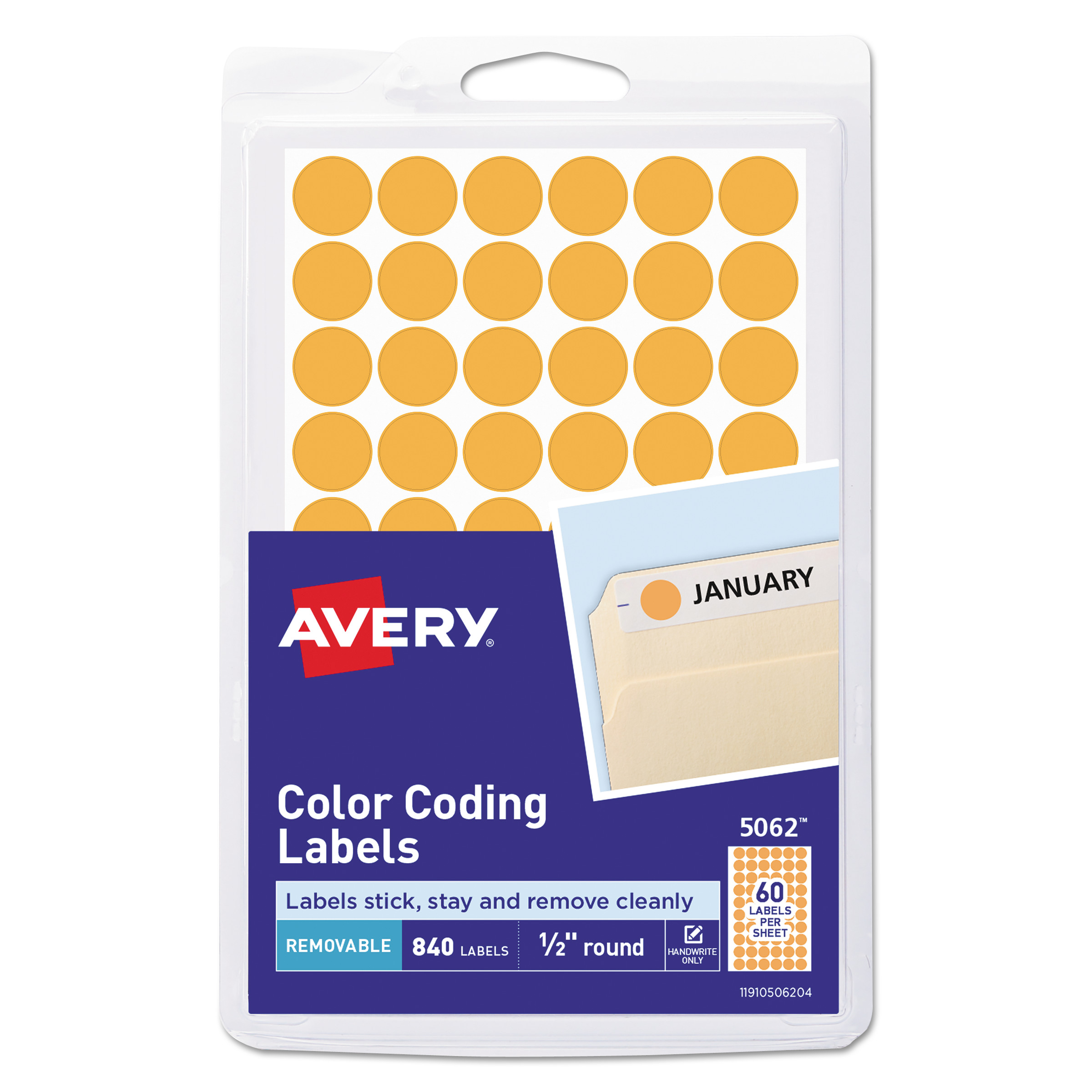  Avery 05062 Handwrite Only Self-Adhesive Removable Round Color-Coding Labels, 0.5 dia., Neon Orange, 60/Sheet, 14 Sheets/Pack (AVE05062) 