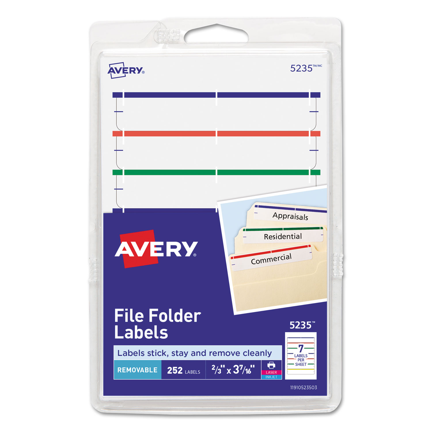  Avery 05235 Removable File Folder Labels with Sure Feed Technology, 0.66 x 3.44, White, 7/Sheet, 36 Sheets/Pack (AVE5235) 