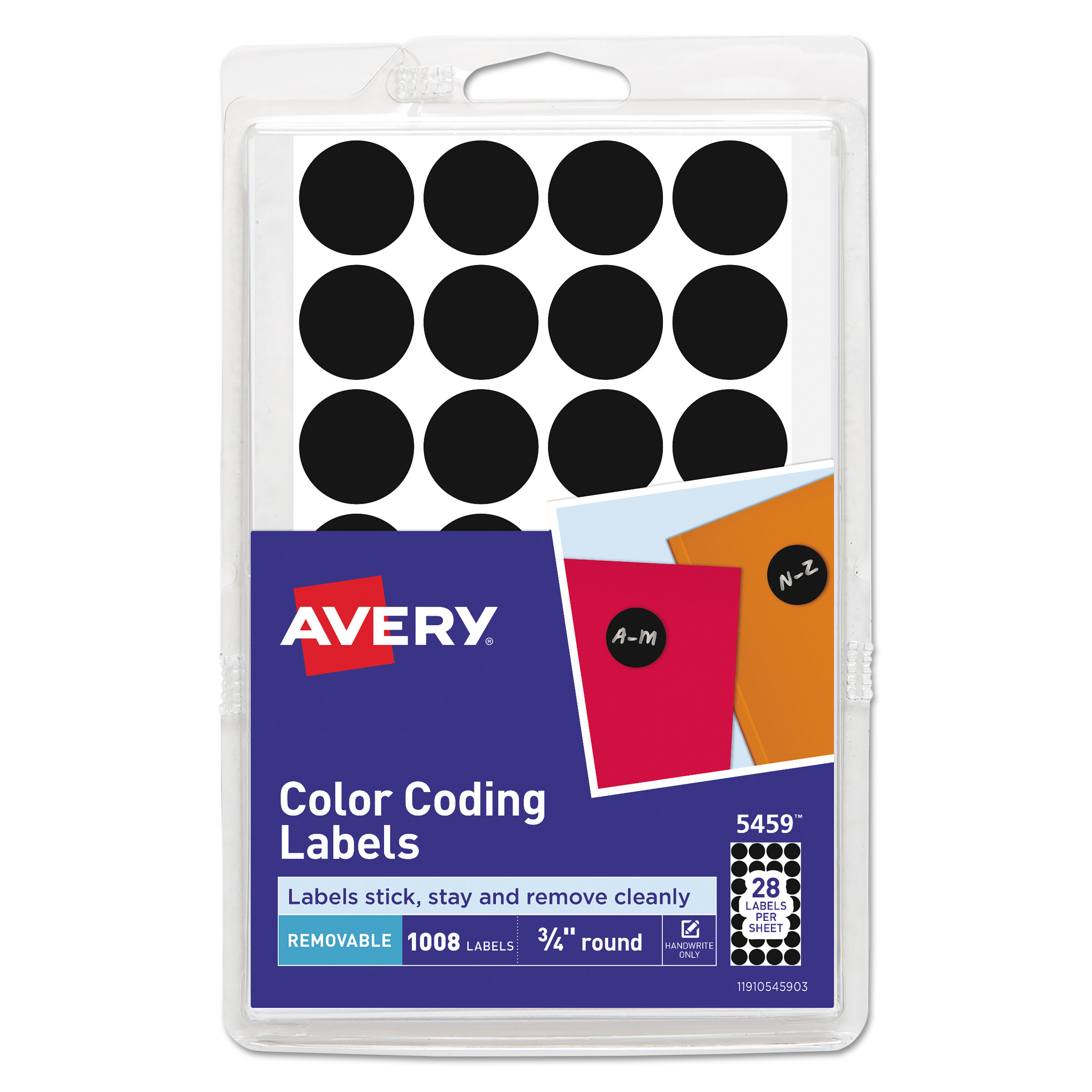  Avery 05459 Handwrite Only Self-Adhesive Removable Round Color-Coding Labels, 0.75 dia., Black, 28/Sheet, 36 Sheets/Pack (AVE05459) 