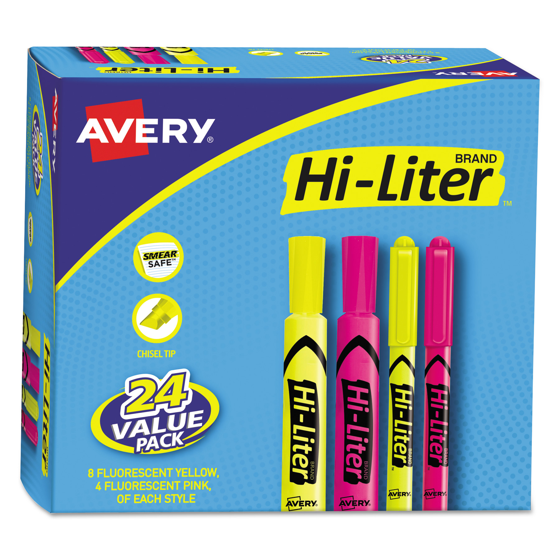  Avery 29862 HI-LITER Desk-Style Highlighters, Chisel/Bullet Tip, Assorted Colors, 24/Pack (AVE29862) 