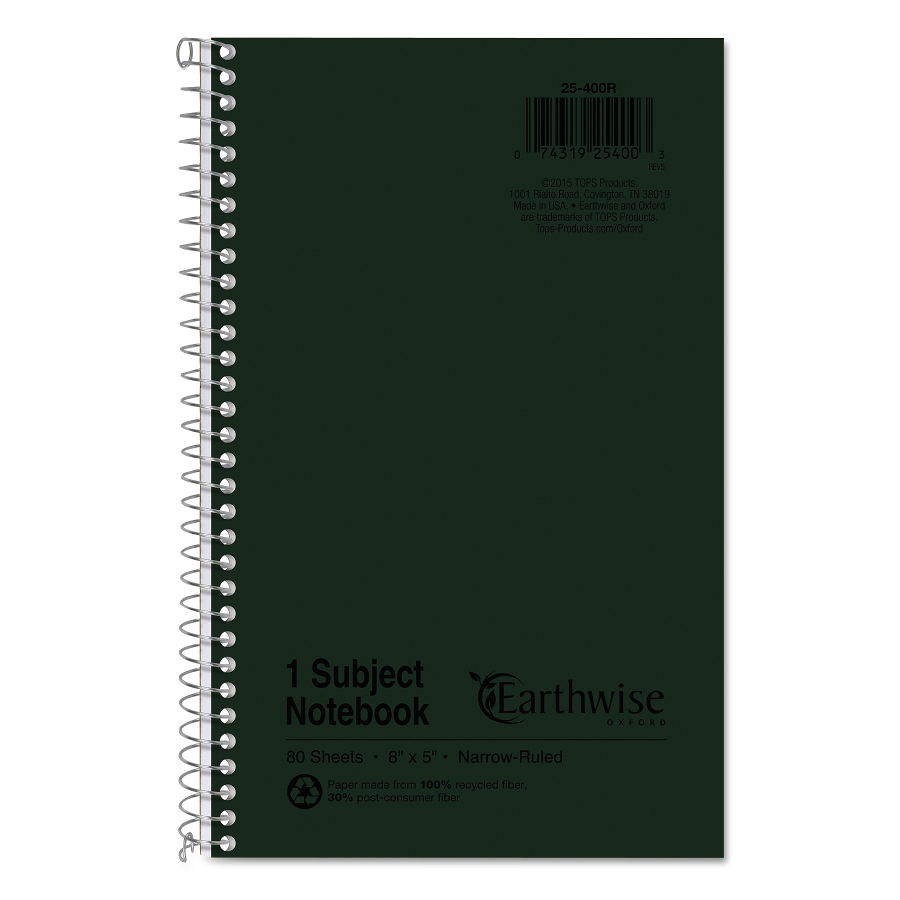  Oxford 25-400R Earthwise by 100% Recycled One-Subject Notebook, 1 Subject, Narrow Rule, Green Cover, 8 x 5, 80 Sheets (TOP25400) 