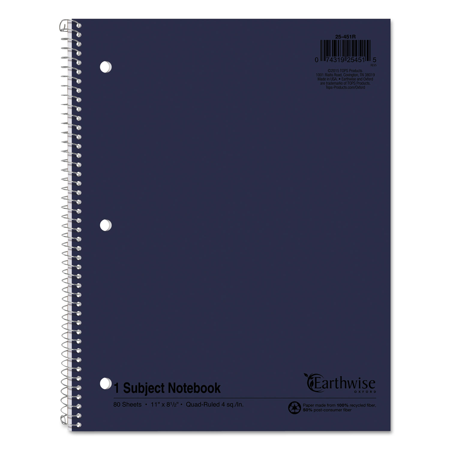  Oxford 25-451R Earthwise by Oxford Recycled 1-Subject Notebook, 4 sq/in Quadrille Rule, 11 x 8.5, 80 Sheets (TOP25451) 