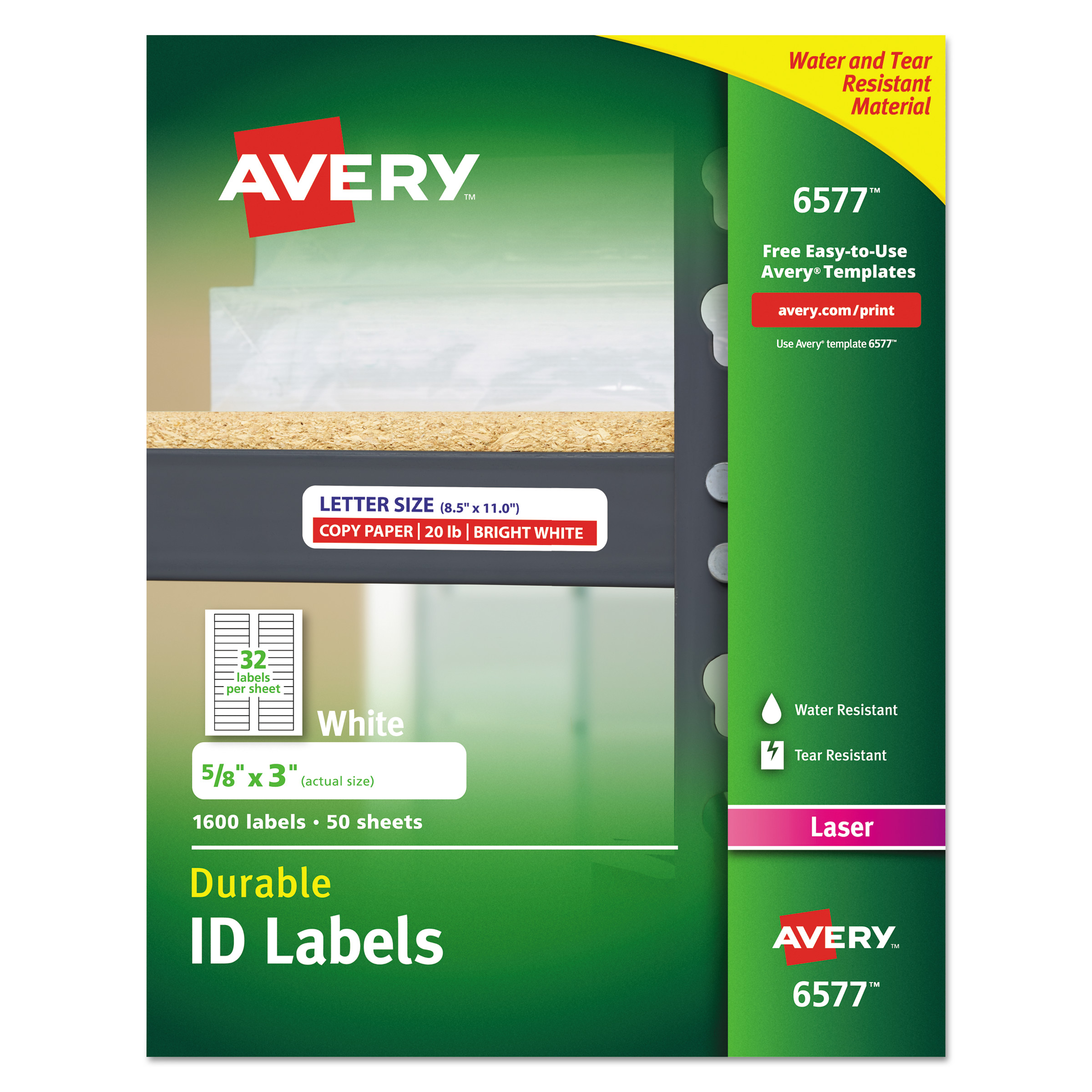  Avery 06577 Durable Permanent ID Labels with TrueBlock Technology, Laser Printers, 0.63 x 3, White, 32/Sheet, 50 Sheets/Pack (AVE6577) 