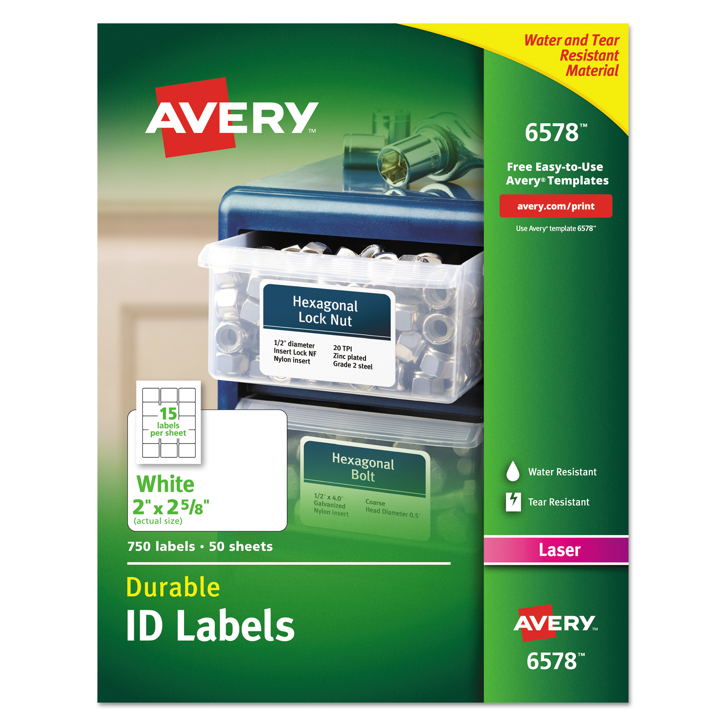  Avery 06578 Durable Permanent ID Labels with TrueBlock Technology, Laser Printers, 2 x 2.63, White, 15/Sheet, 50 Sheets/Pack (AVE6578) 