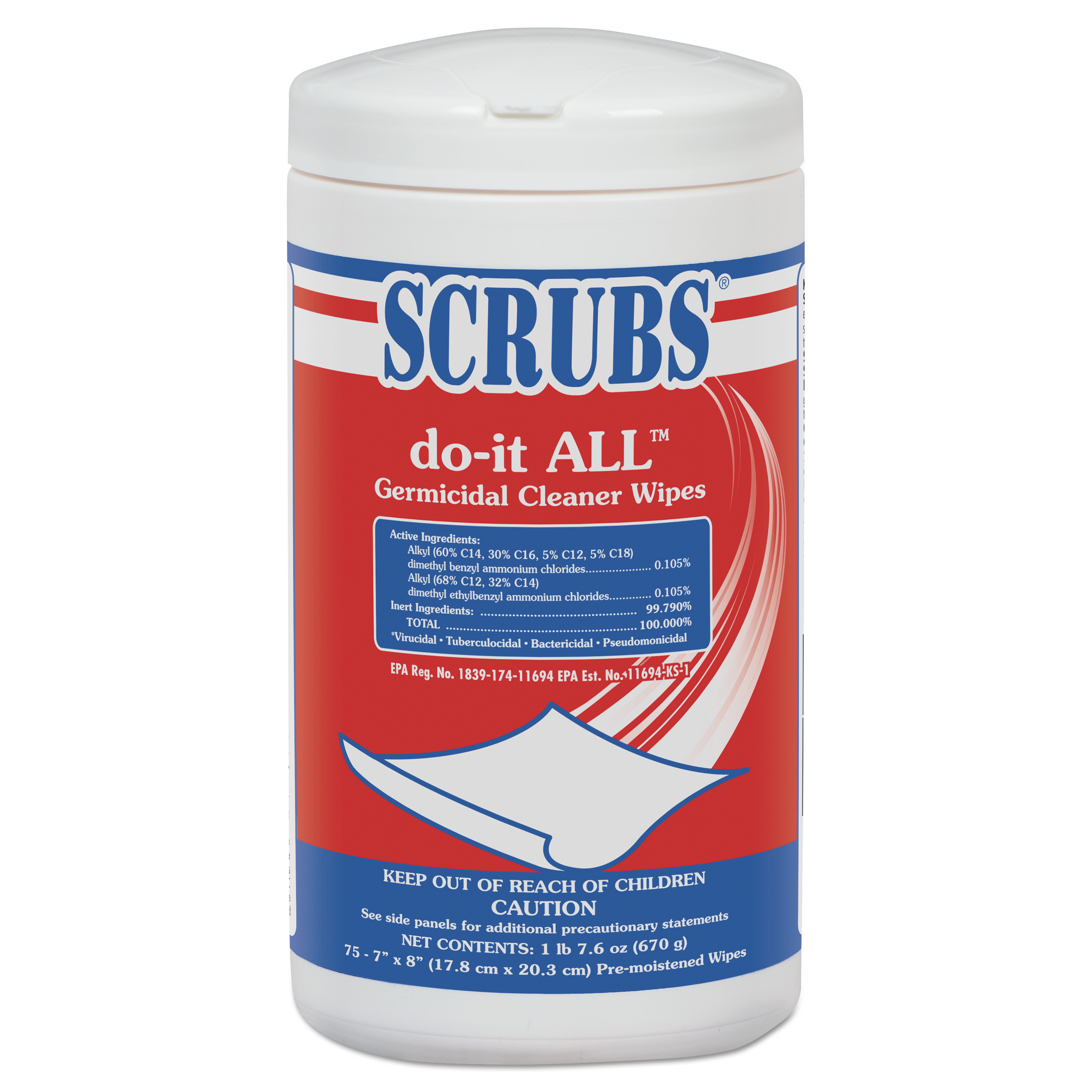  SCRUBS 98075 do-it ALL Germicidal Cleaner Wipes, Lemon, 7 x 8, White, 75/Container, 6/CT (ITW98075) 