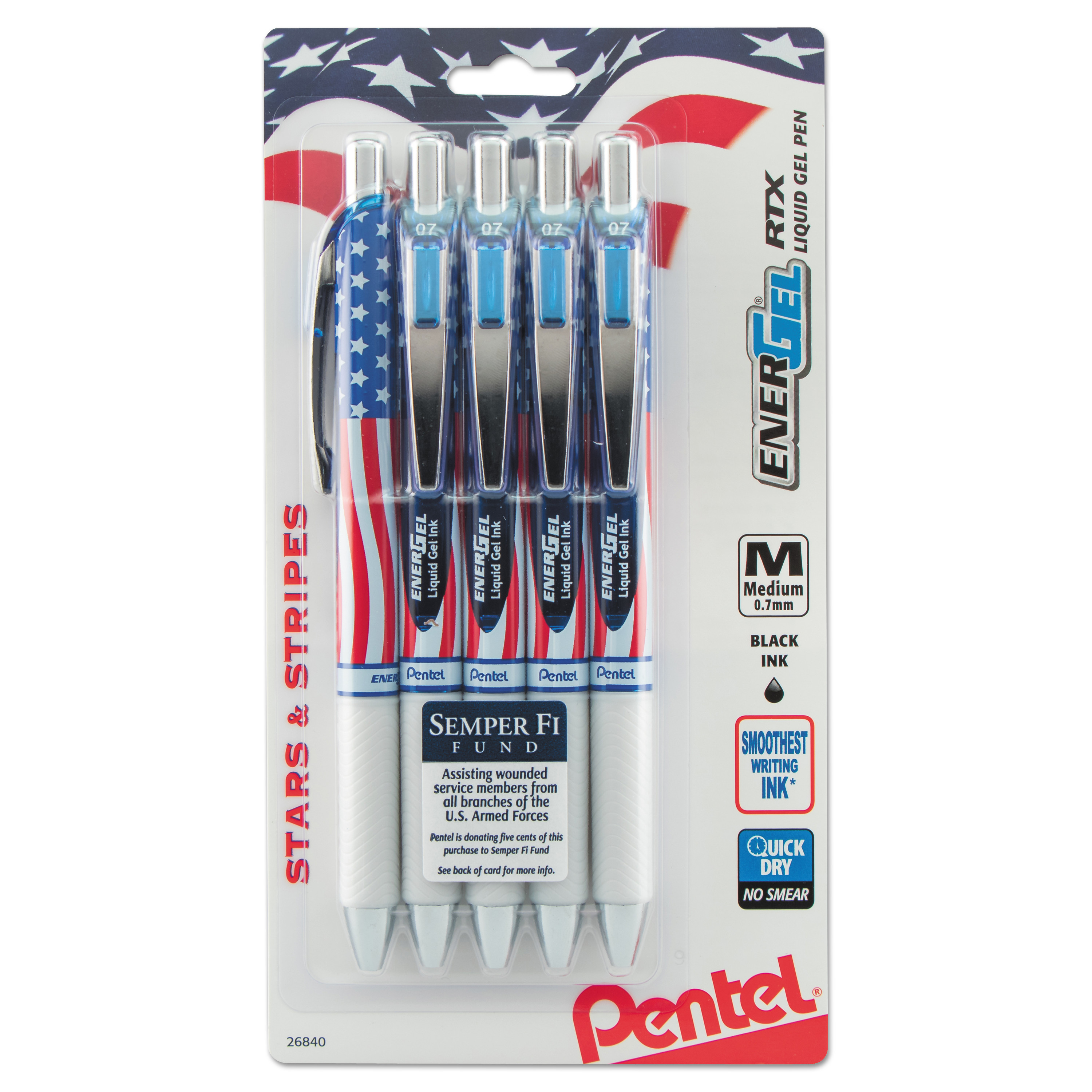  Pentel BL77USABP5A EnerGel RTX Retractable Gel Pen, 0.7mm, Black Ink, Red/White/Blue Barrel, 5/Pack (PENBL77USABP5A) 
