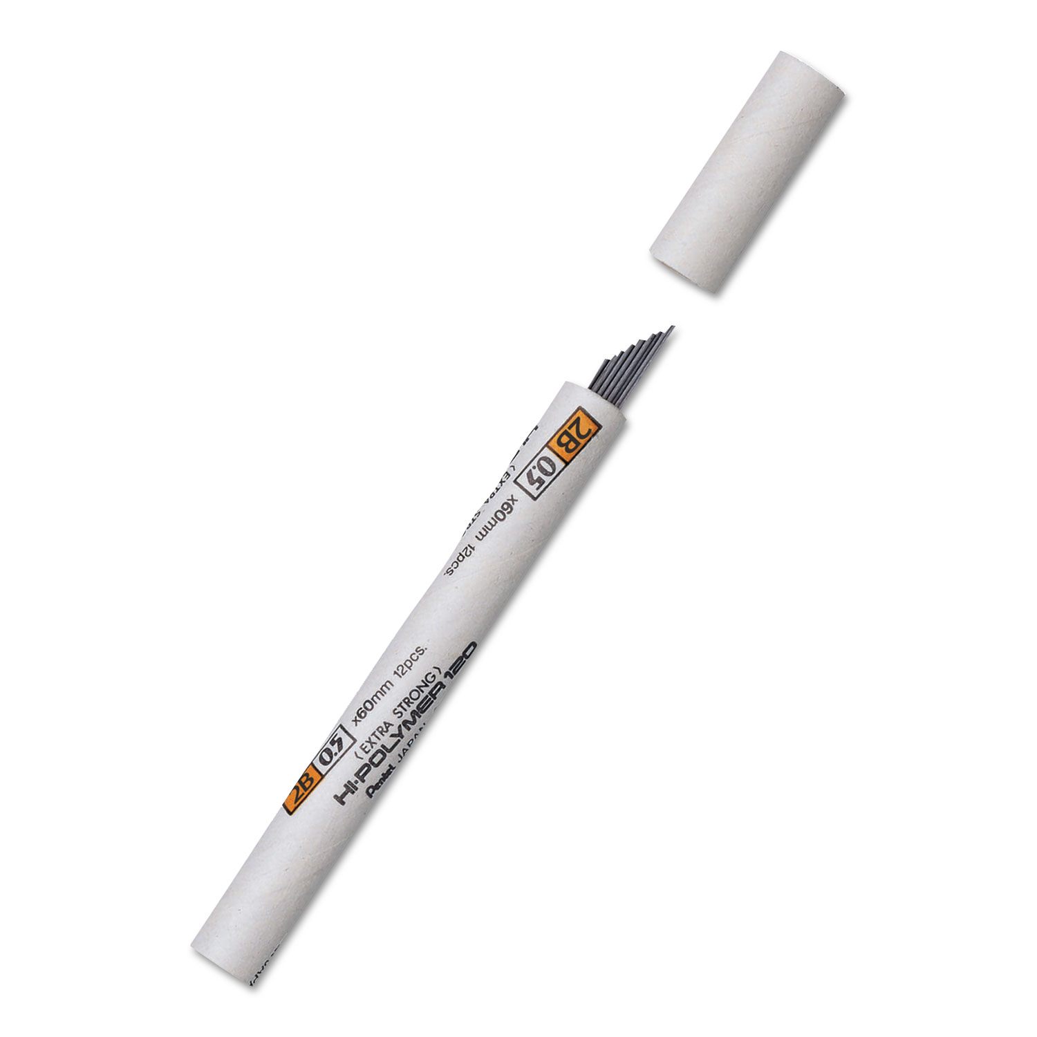 Pentel® Premium Hi-Polymer Lead Refills, 0.5 mm, 2B, Black, 12 Refills