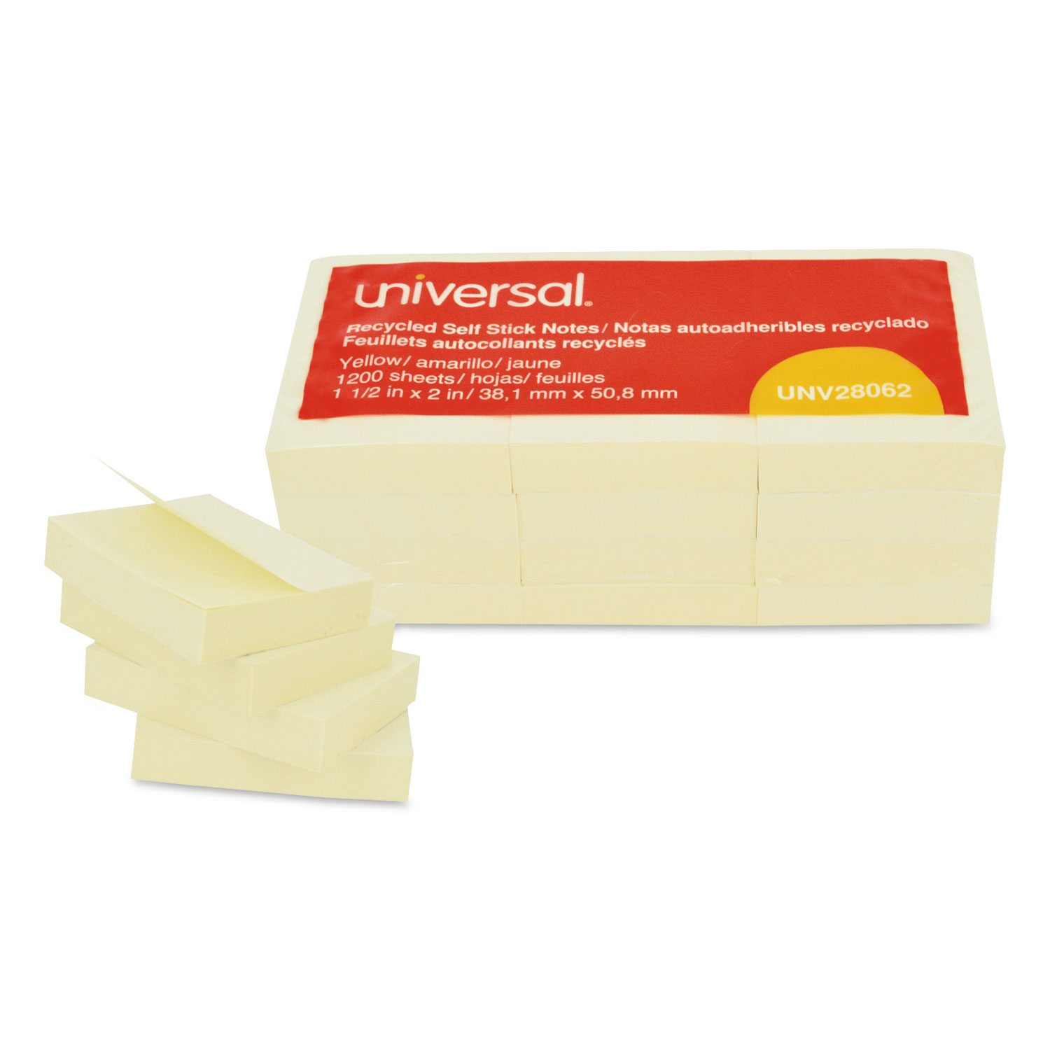  Universal UNV28062 Recycled Self-Stick Note Pads, 1 1/2 x 2, Yellow, 100-Sheet, 12/Pack (UNV28062) 