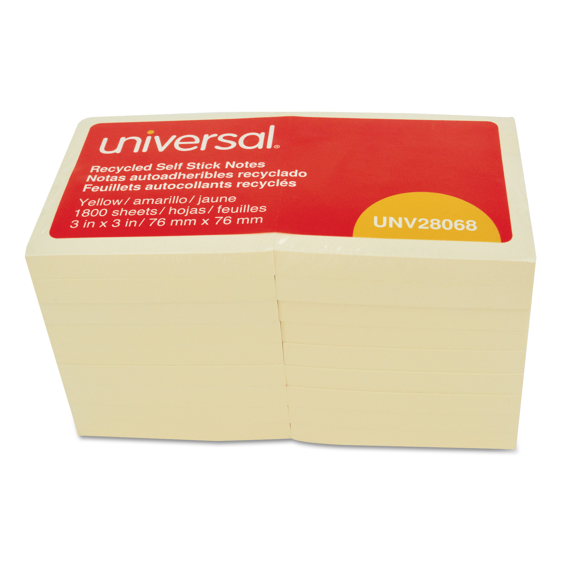  Universal UNV28068 Recycled Self-Stick Note Pads, 3 x 3, Yellow; 100-Sheet, 18/Pack (UNV28068) 