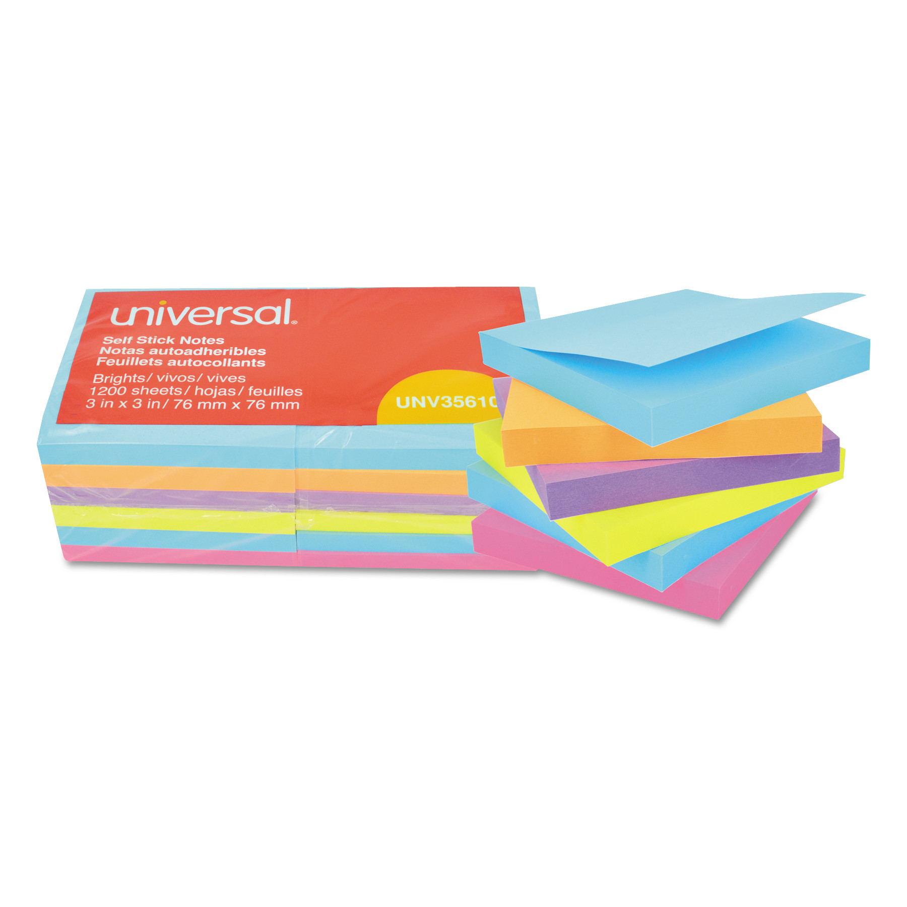  Universal UNV35610 Self-Stick Note Pads, 3 x 3, Assorted Bright Colors, 100-Sheet, 12/PK (UNV35610) 
