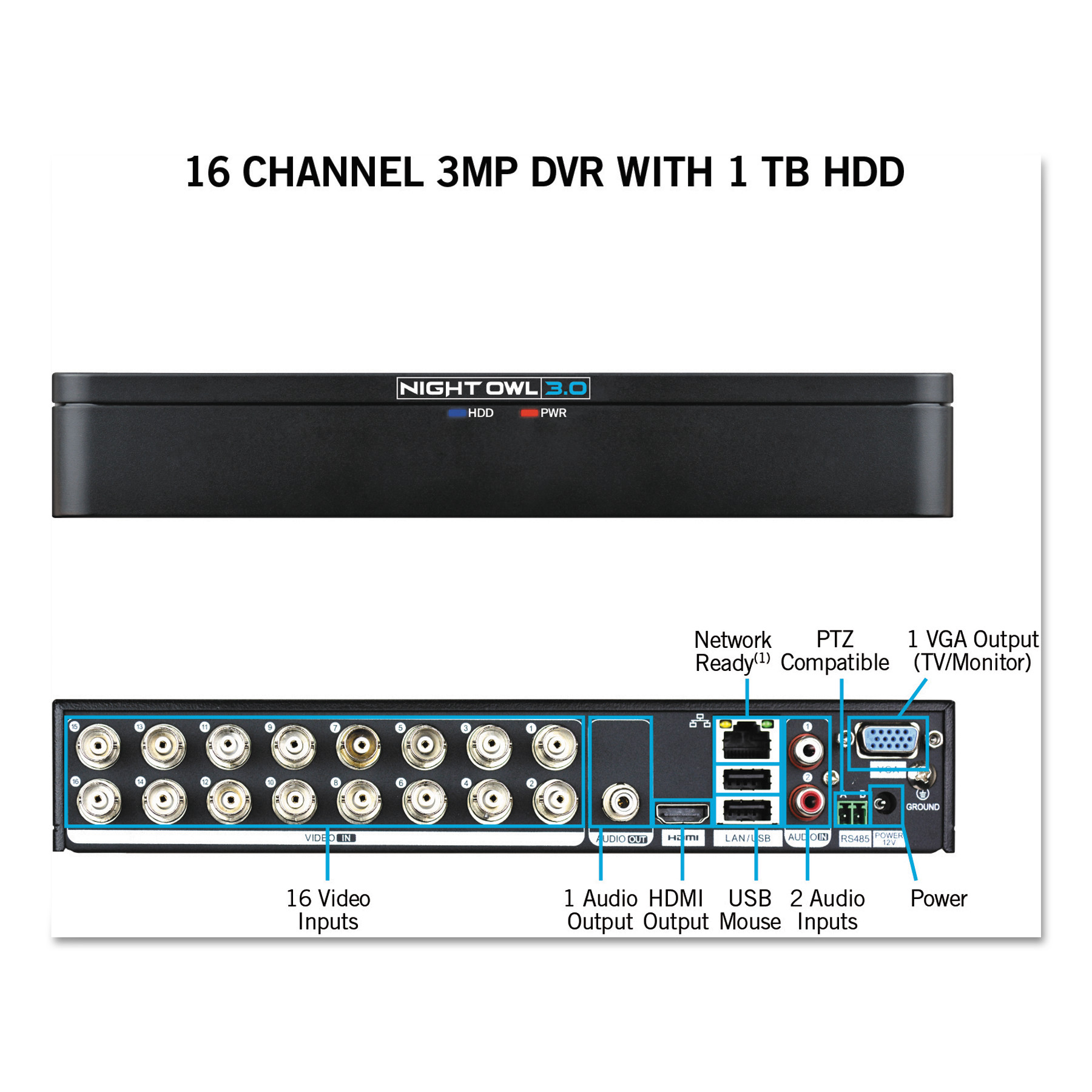 16 Channel Extreme HD 3MP DVR with 1 TB Hard Drive, 1080p Resolution