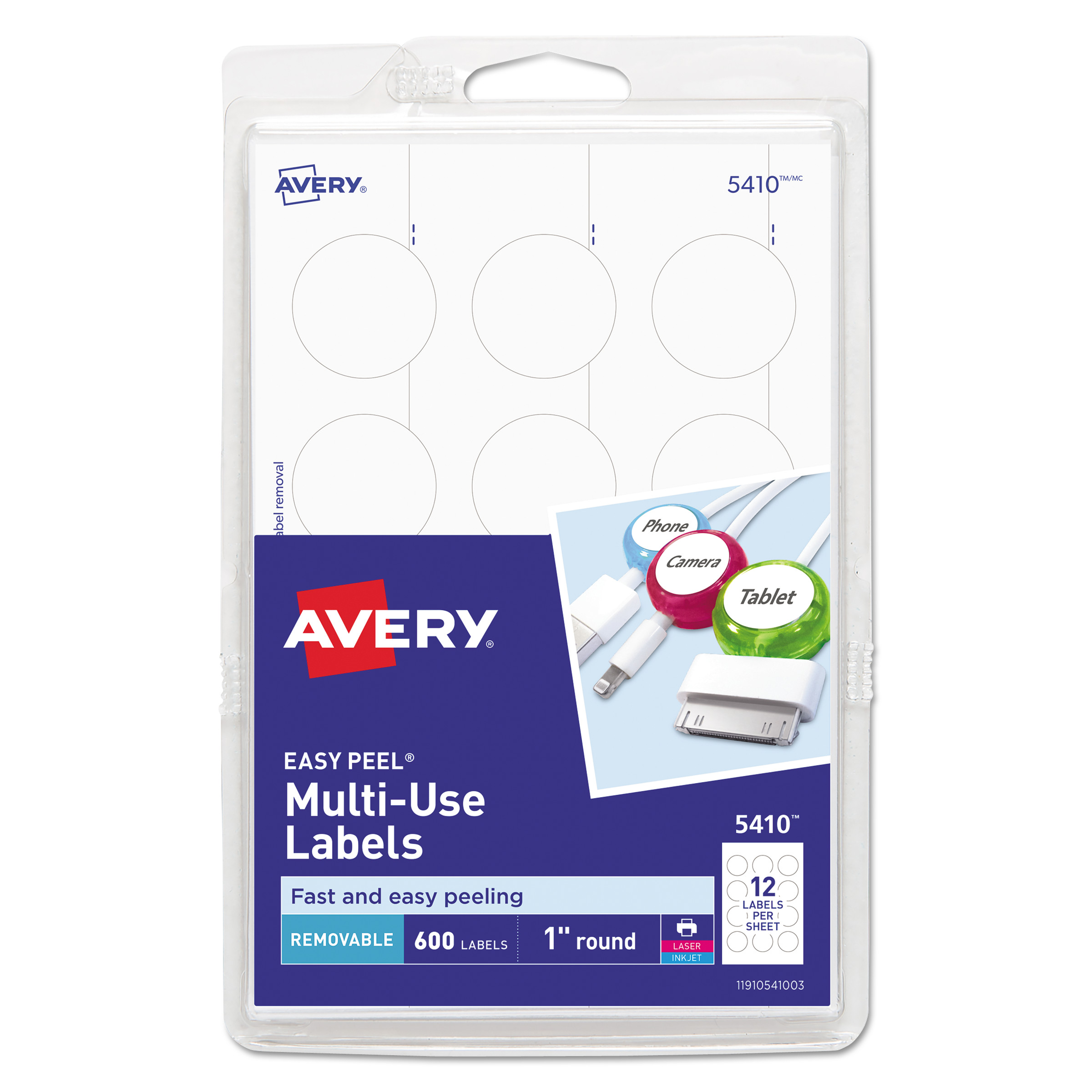  Avery 05410 Removable Multi-Use Labels, Inkjet/Laser Printers, 1 dia., White, 12/Sheet, 50 Sheets/Pack (AVE05410) 