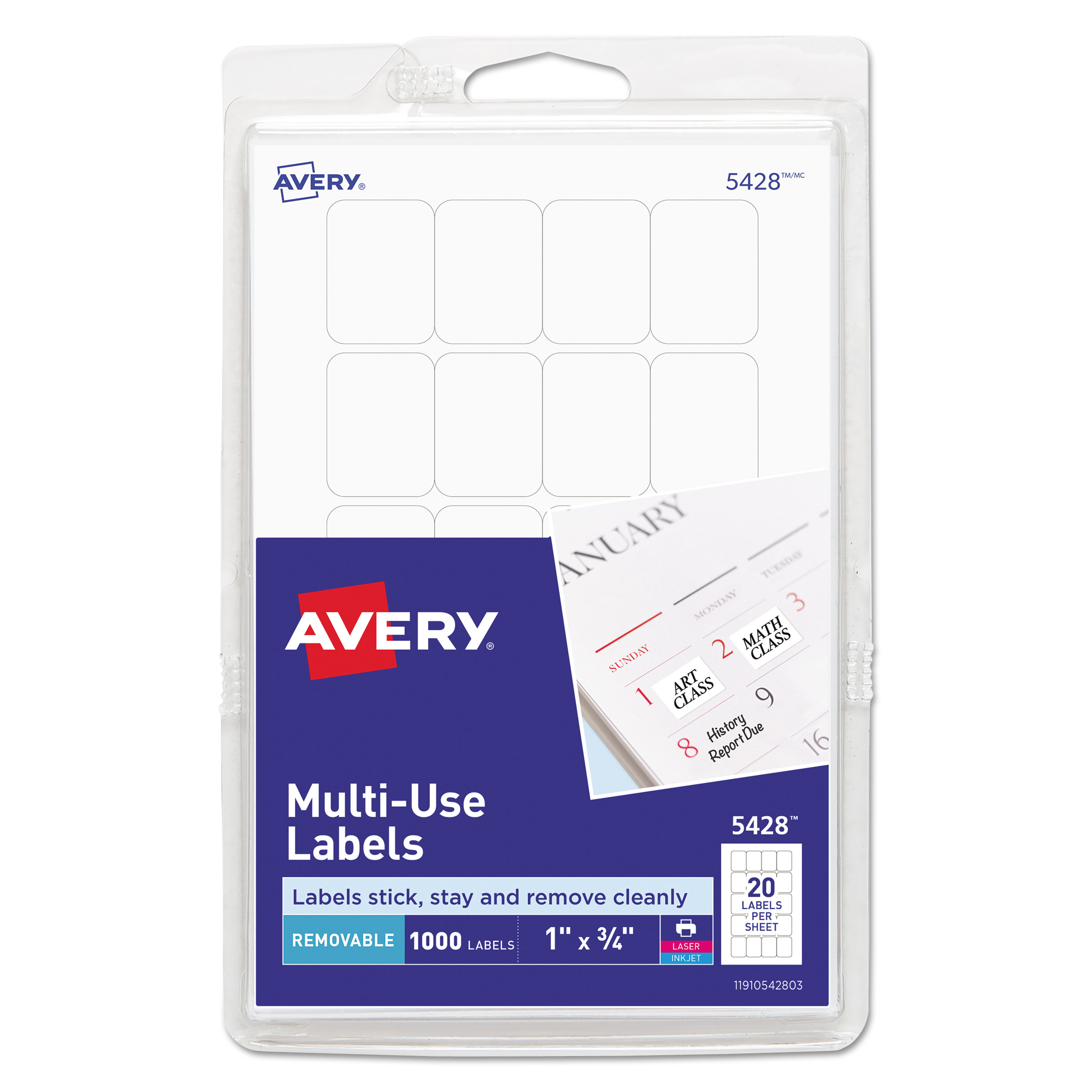  Avery 05428 Removable Multi-Use Labels, Inkjet/Laser Printers, 1 x 0.75, White, 20/Sheet, 50 Sheets/Pack (AVE05428) 