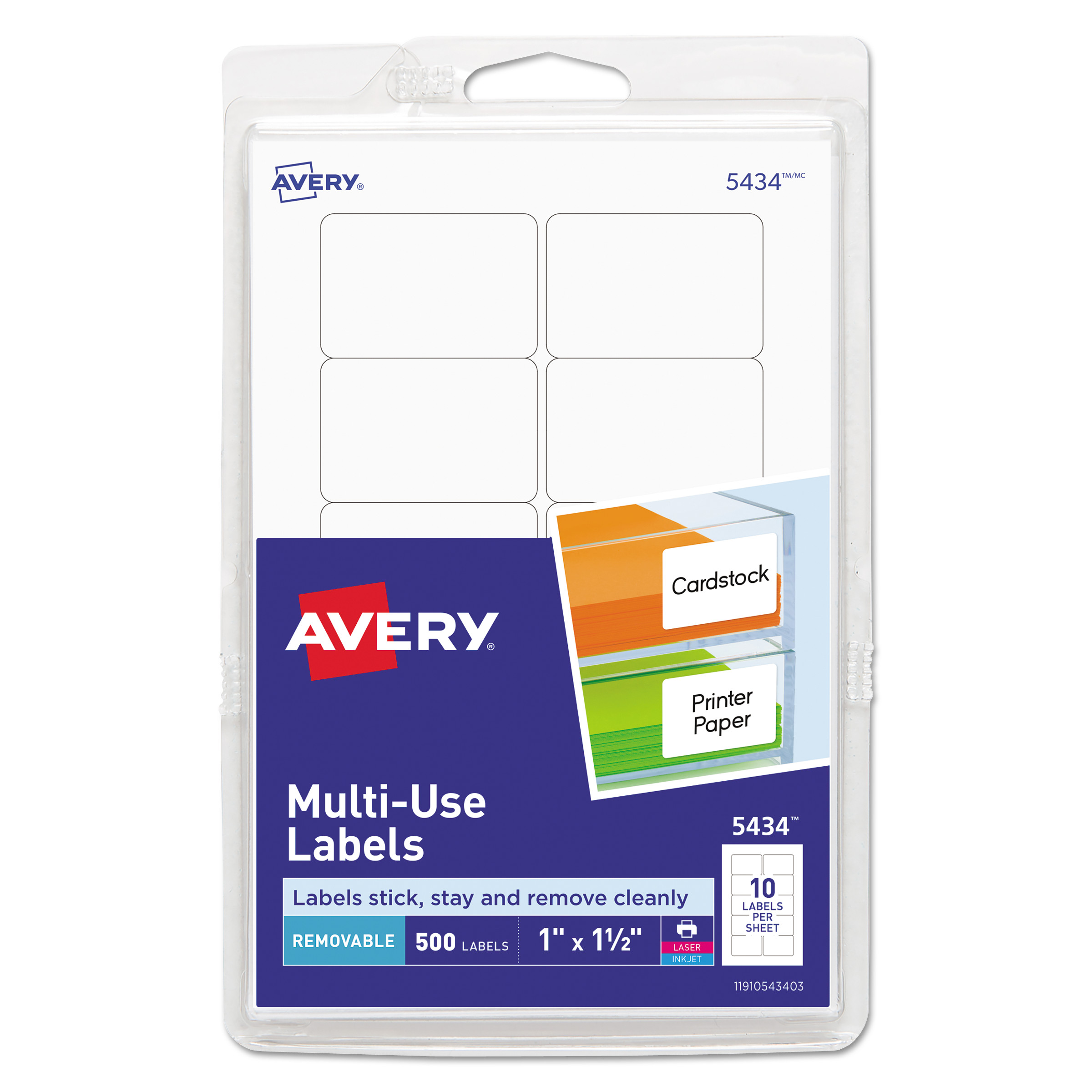  Avery 05434 Removable Multi-Use Labels, Inkjet/Laser Printers, 1 x 1.5, White, 10/Sheet, 50 Sheets/Pack (AVE05434) 
