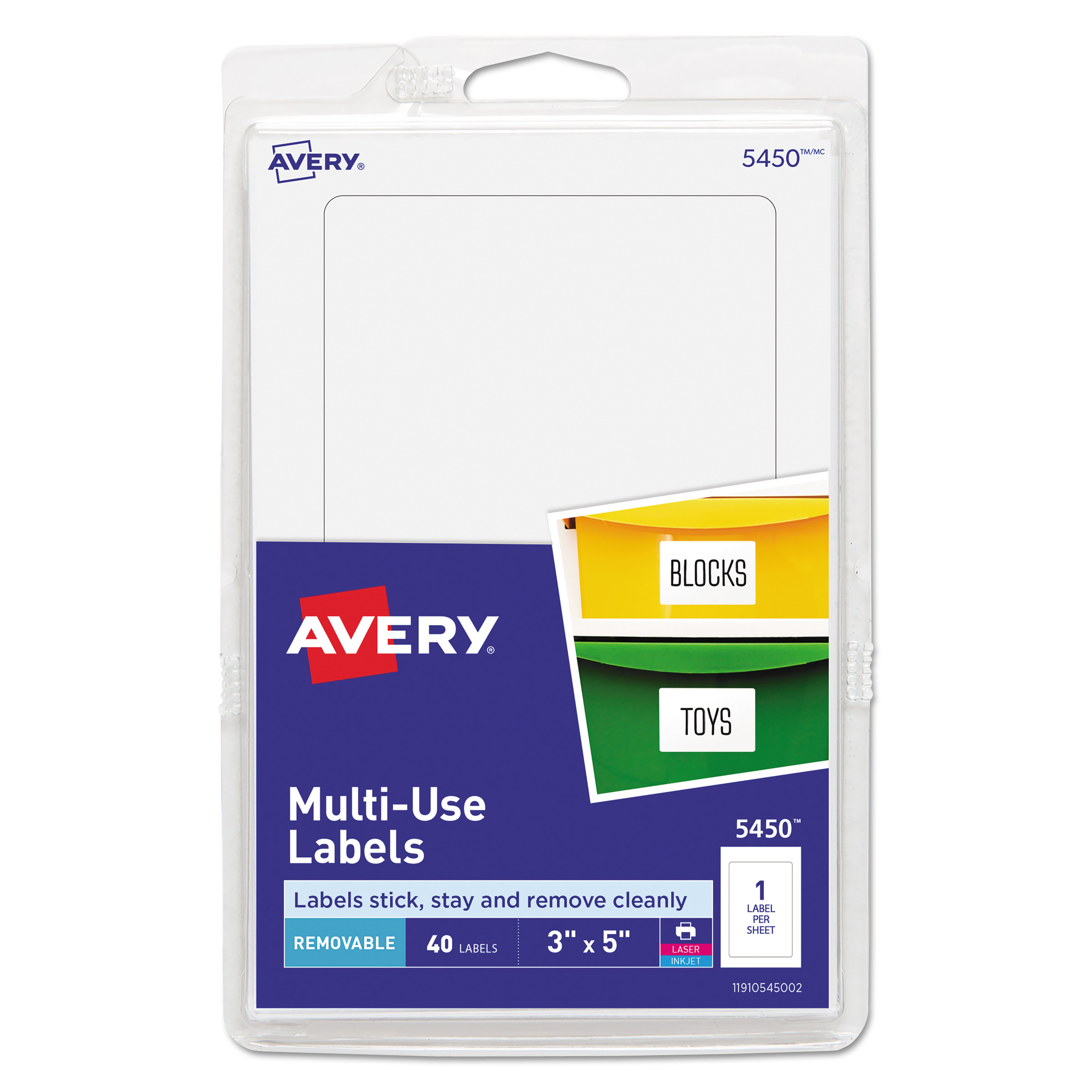  Avery 05450 Removable Multi-Use Labels, Inkjet/Laser Printers, 3 x 5, White, 40/Pack (AVE05450) 