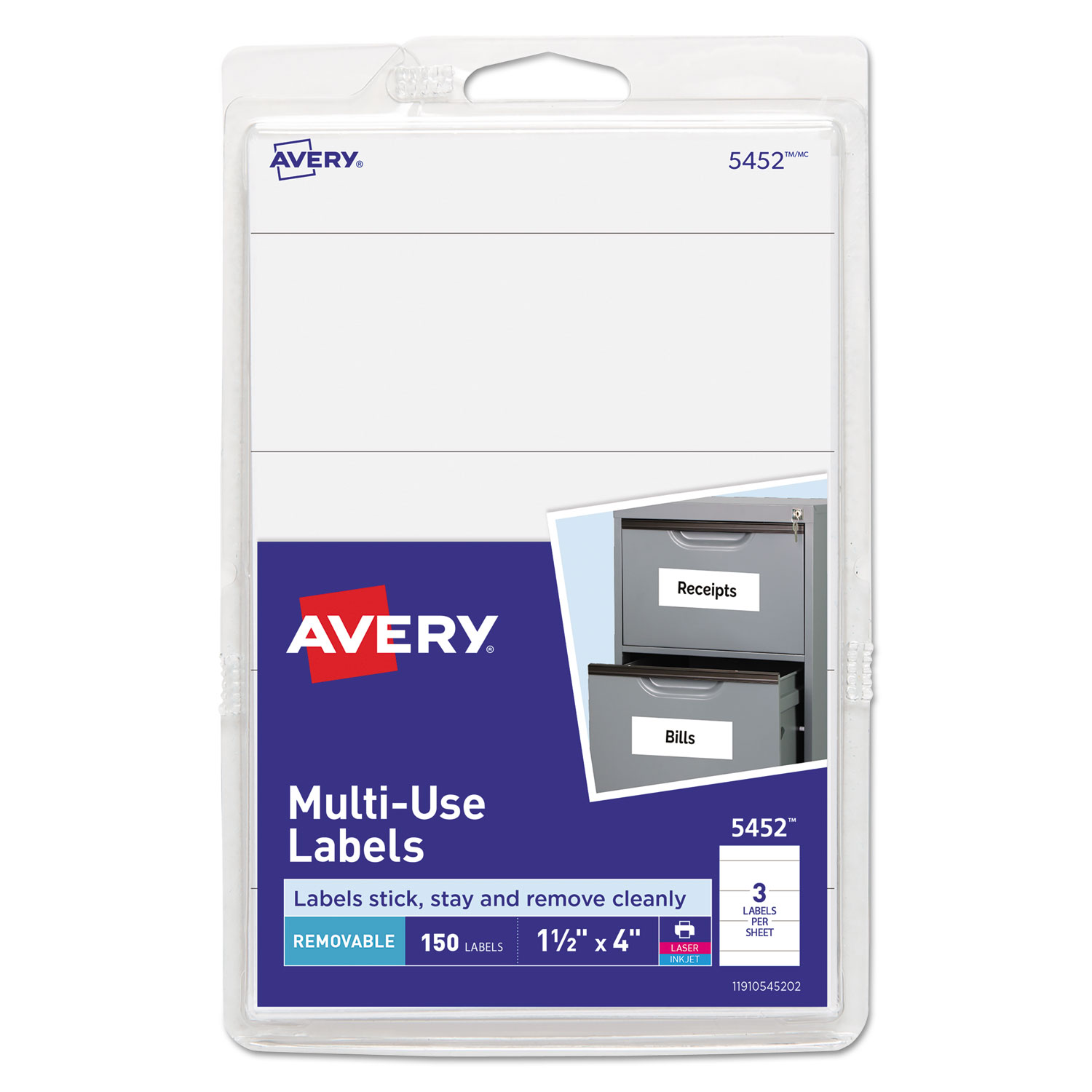  Avery 05452 Removable Multi-Use Labels, Inkjet/Laser Printers, 1.5 x 4, White, 3/Sheet, 50 Sheets/Pack, (5452) (AVE05452) 