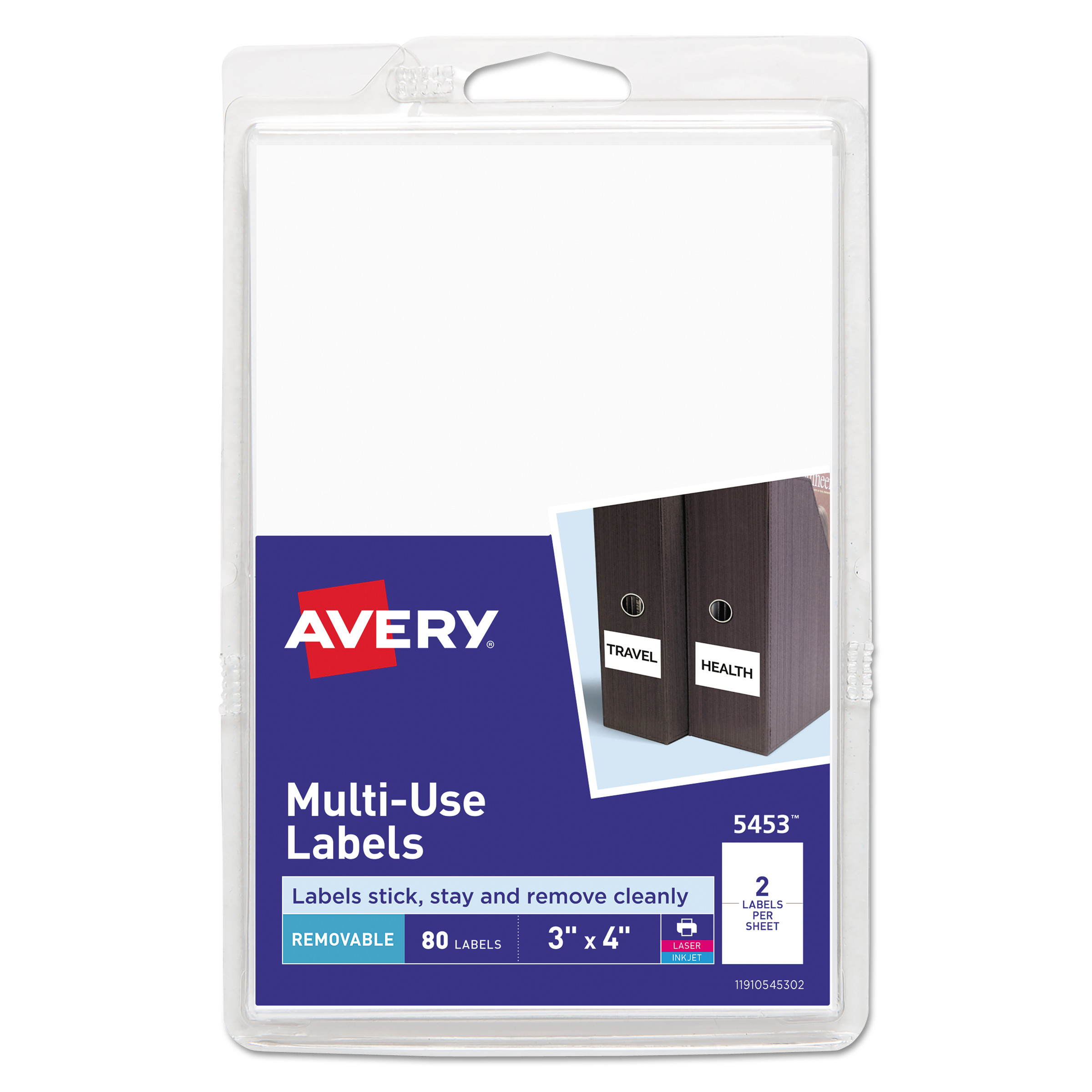  Avery 05453 Removable Multi-Use Labels, Inkjet/Laser Printers, 3 x 4, White, 2/Sheet, 40 Sheets/Pack (AVE05453) 