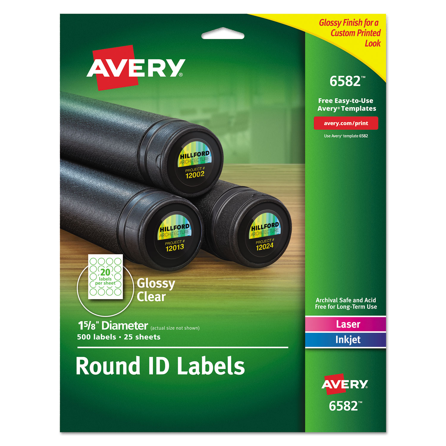  Avery 06582 Print-to-the Edge Labels w/SureFeed & EasyPeel, 1 2/3 dia, Glossy Clear, 500/PK (AVE6582) 