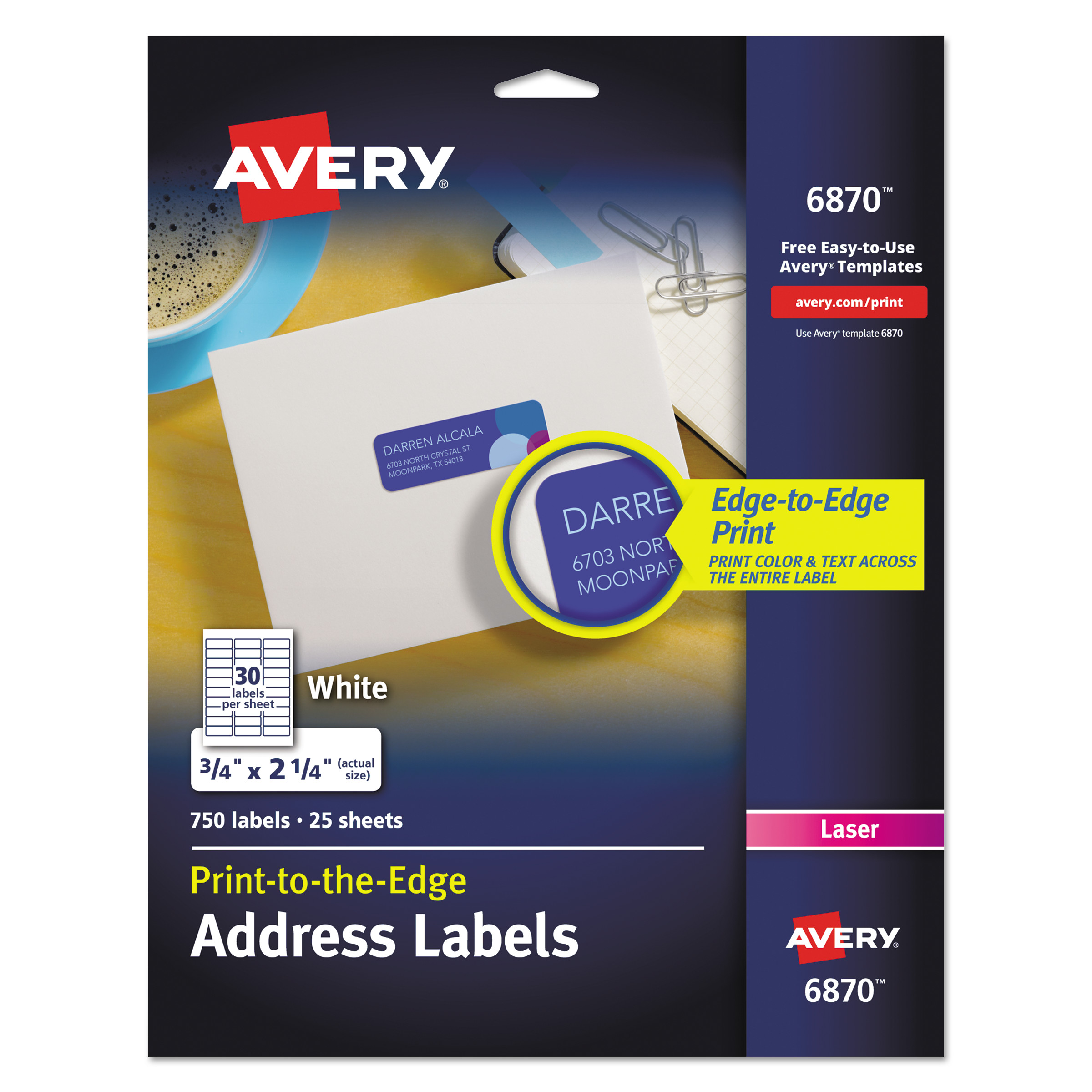  Avery 06870 Vibrant Laser Color-Print Labels with Sure Feed, 3/4 x 2 1/4, White, 750/PK (AVE6870) 