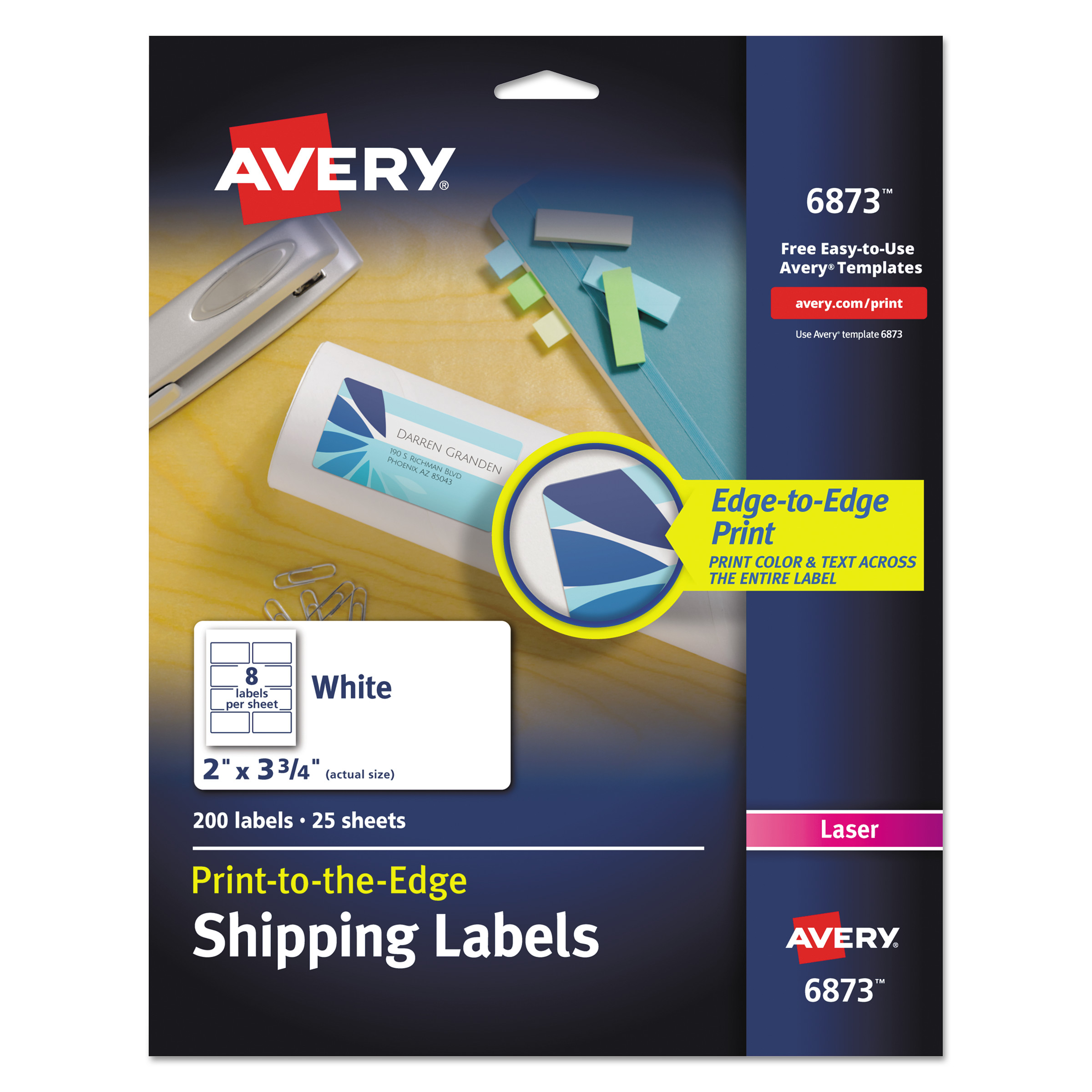  Avery 06873 Vibrant Laser Color-Print Labels with Sure Feed, 2 x 3 3/4, White, 200/PK (AVE6873) 