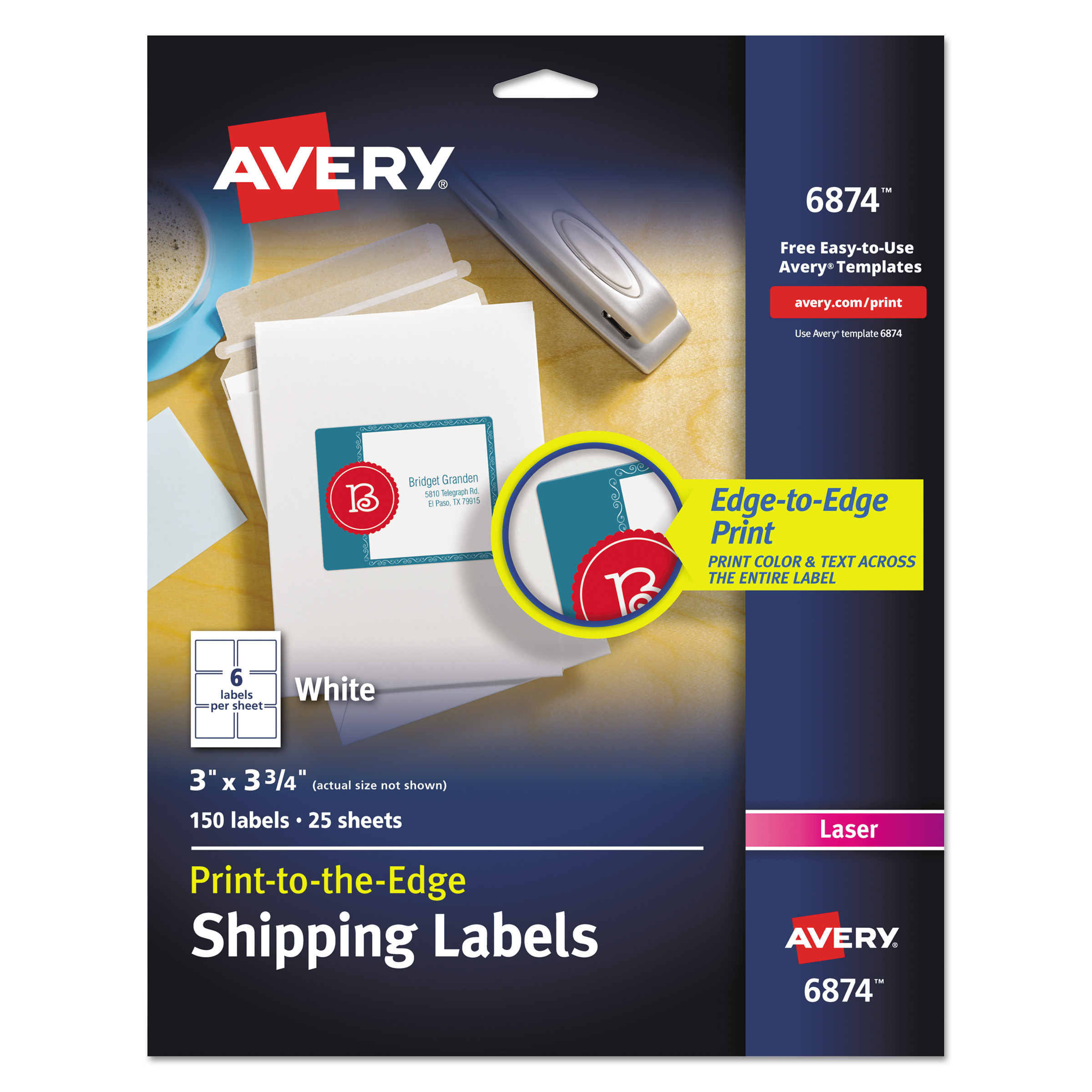  Avery 06874 Vibrant Laser Color-Print Labels with Sure Feed, 3 x 3 3/4, White, 150/PK (AVE6874) 