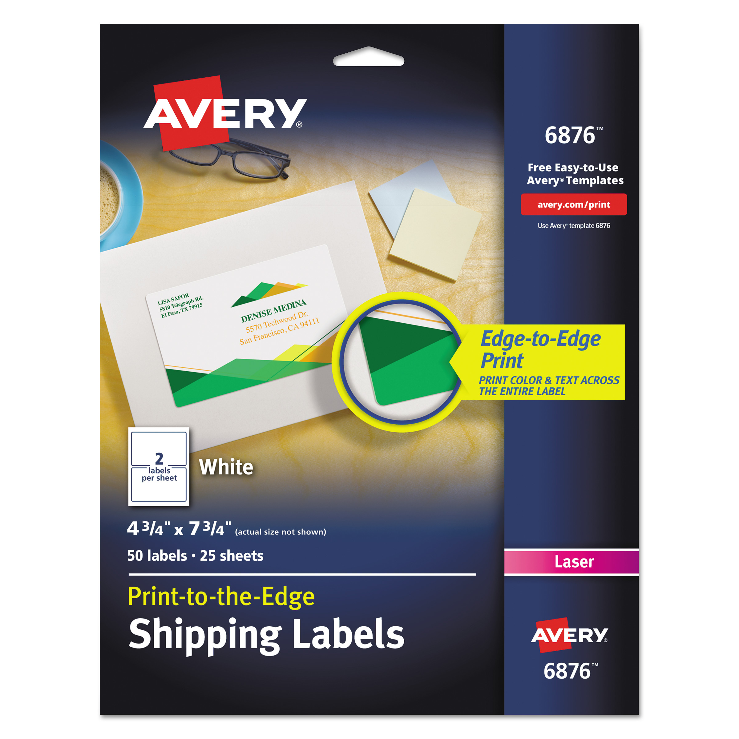  Avery 06876 Vibrant Laser Color-Print Labels with Sure Feed, 4 3/4 x 7 3/4, White, 50/Pack (AVE6876) 