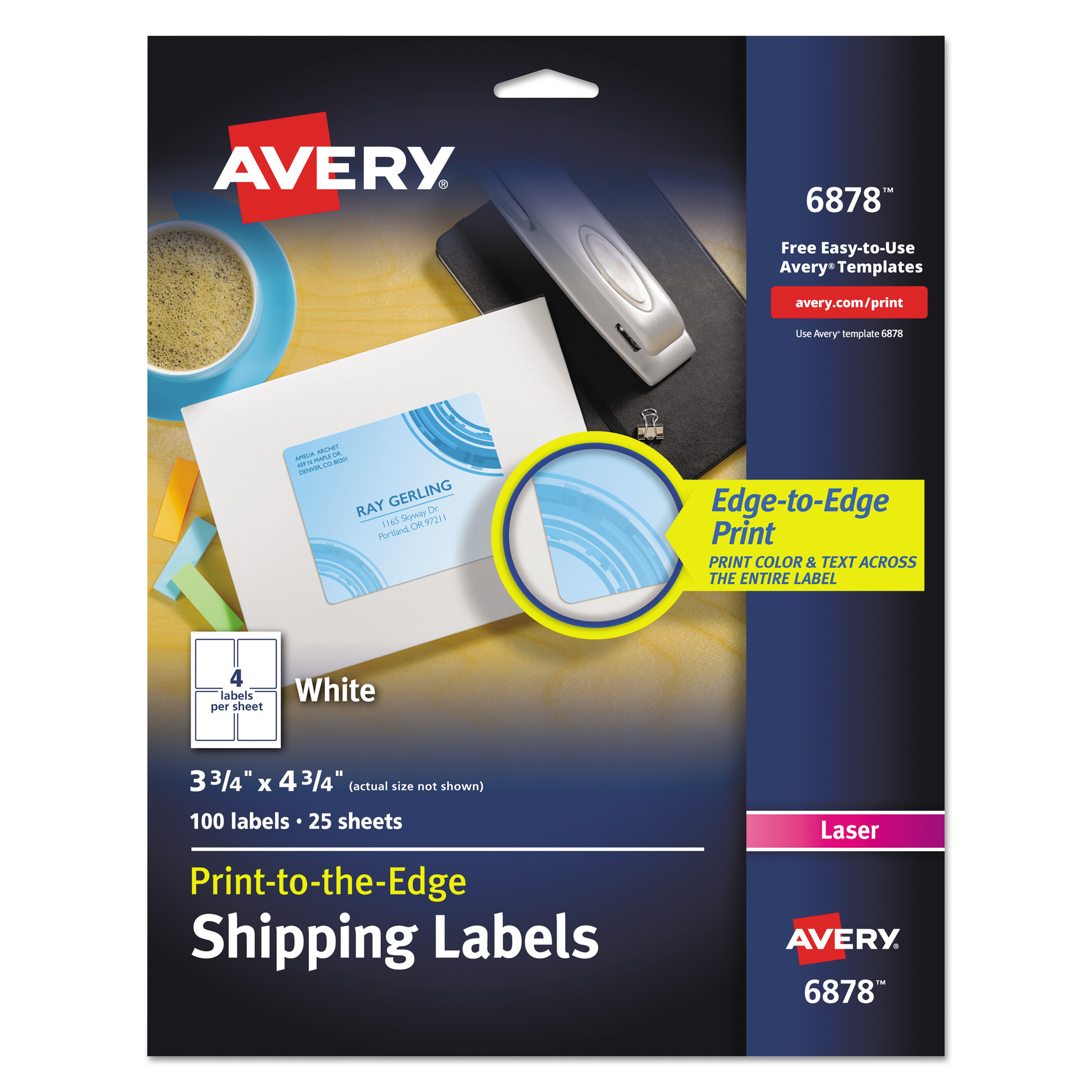  Avery 06878 Vibrant Laser Color-Print Labels with Sure Feed, 3 3/4 x 4 3/4, White, 100/PK (AVE6878) 
