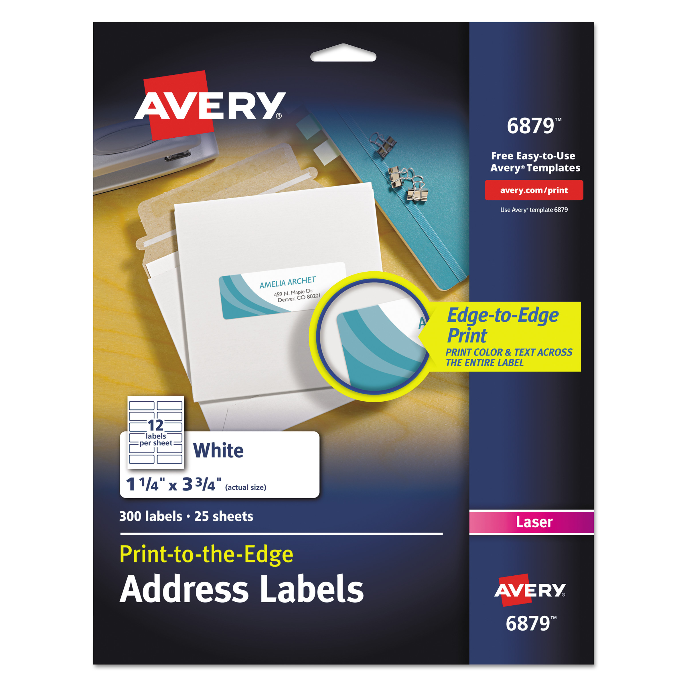  Avery 06879 Vibrant Laser Color-Print Labels with Sure Feed, 1 1/4 x 3 3/4, White, 300/Pack (AVE6879) 
