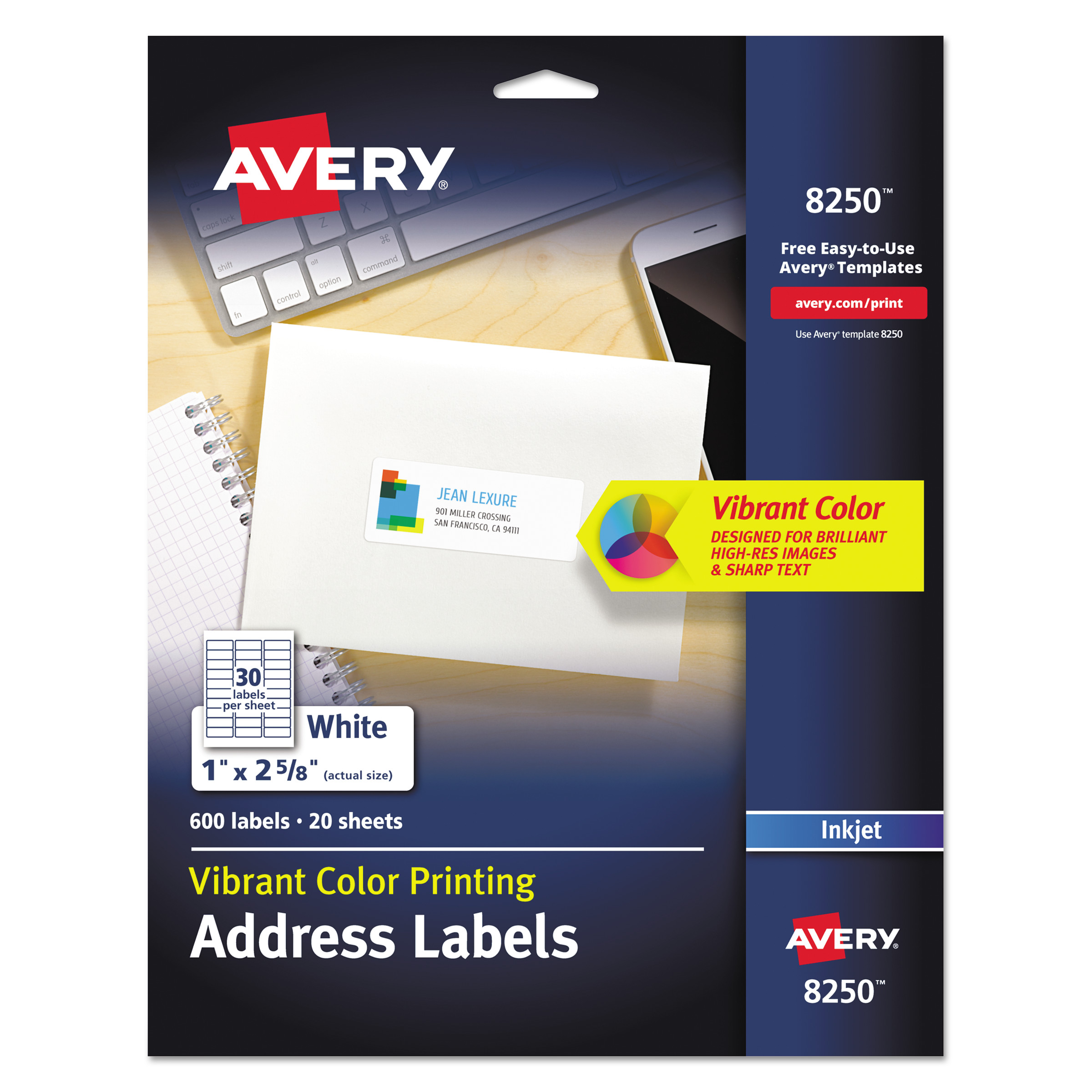  Avery 08250 Vibrant Inkjet Color-Print Labels with Sure Feed, 1 x 2 5/8, Matte White, 600/PK (AVE8250) 
