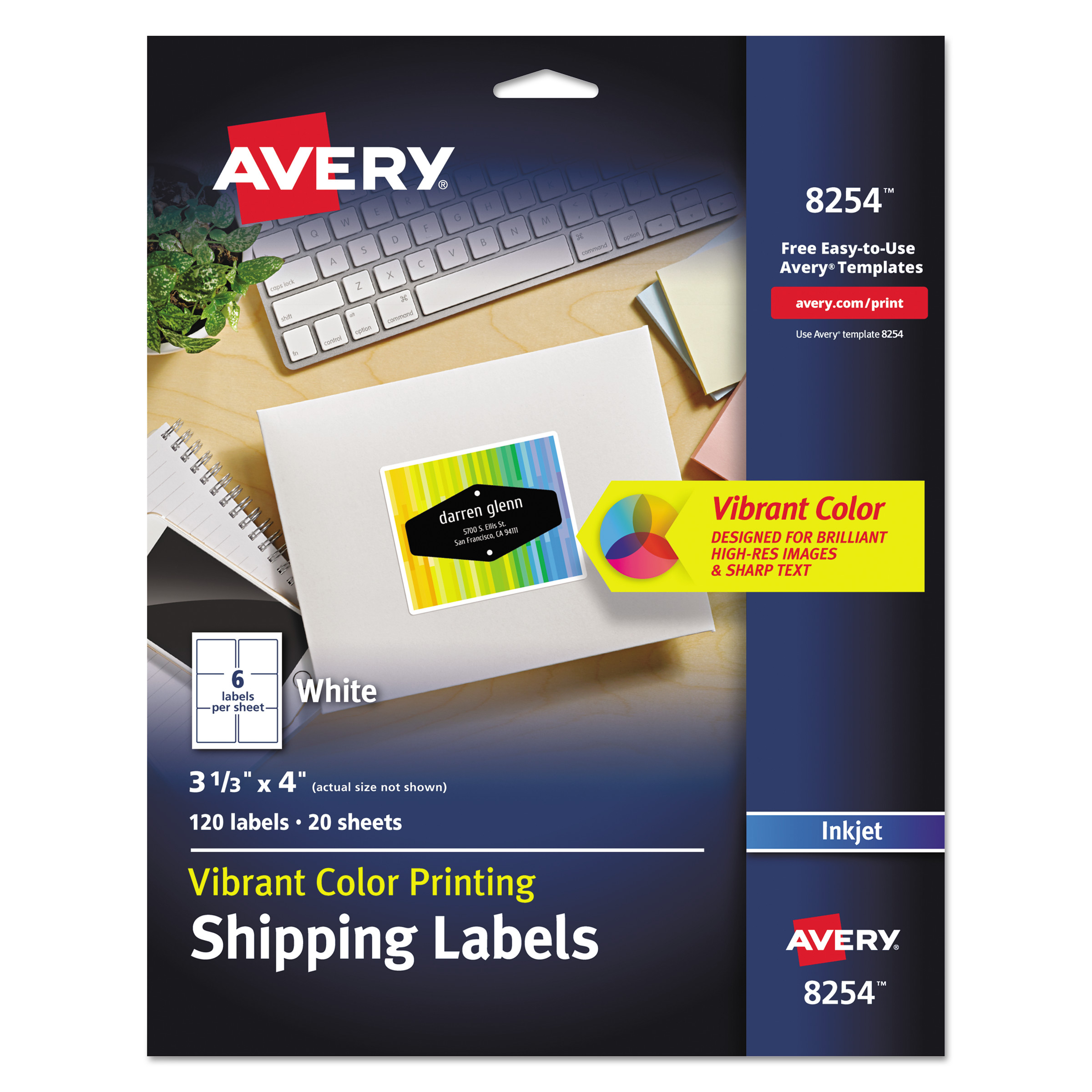  Avery 08254 Vibrant Inkjet Color-Print Labels with Sure Feed, 3 1/3 x 4, Matte White, 120/PK (AVE8254) 