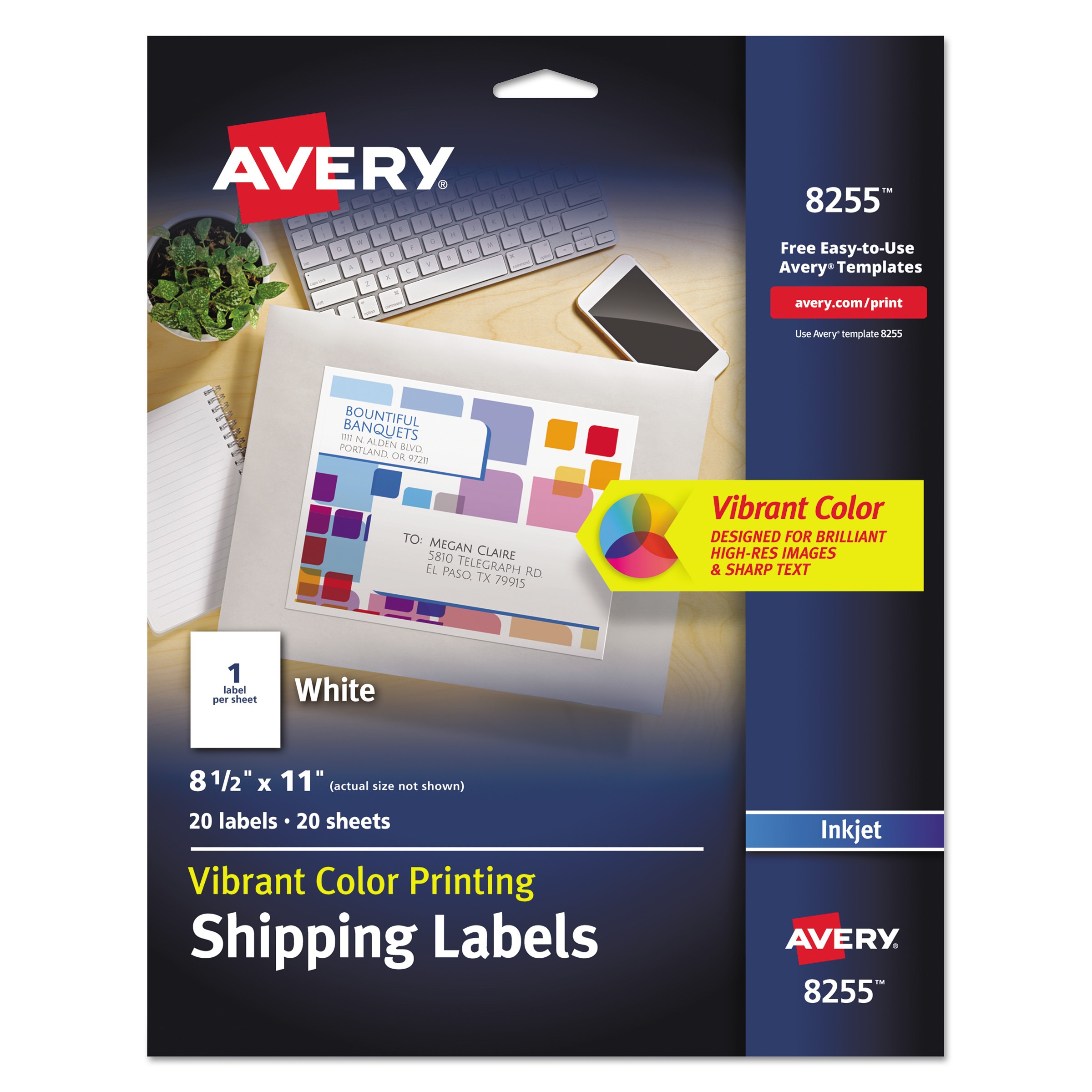  Avery 08255 Full-Sheet Vibrant Inkjet Color-Print Labels, 8 1/2 x 11, Matte White, 20/Pack (AVE8255) 
