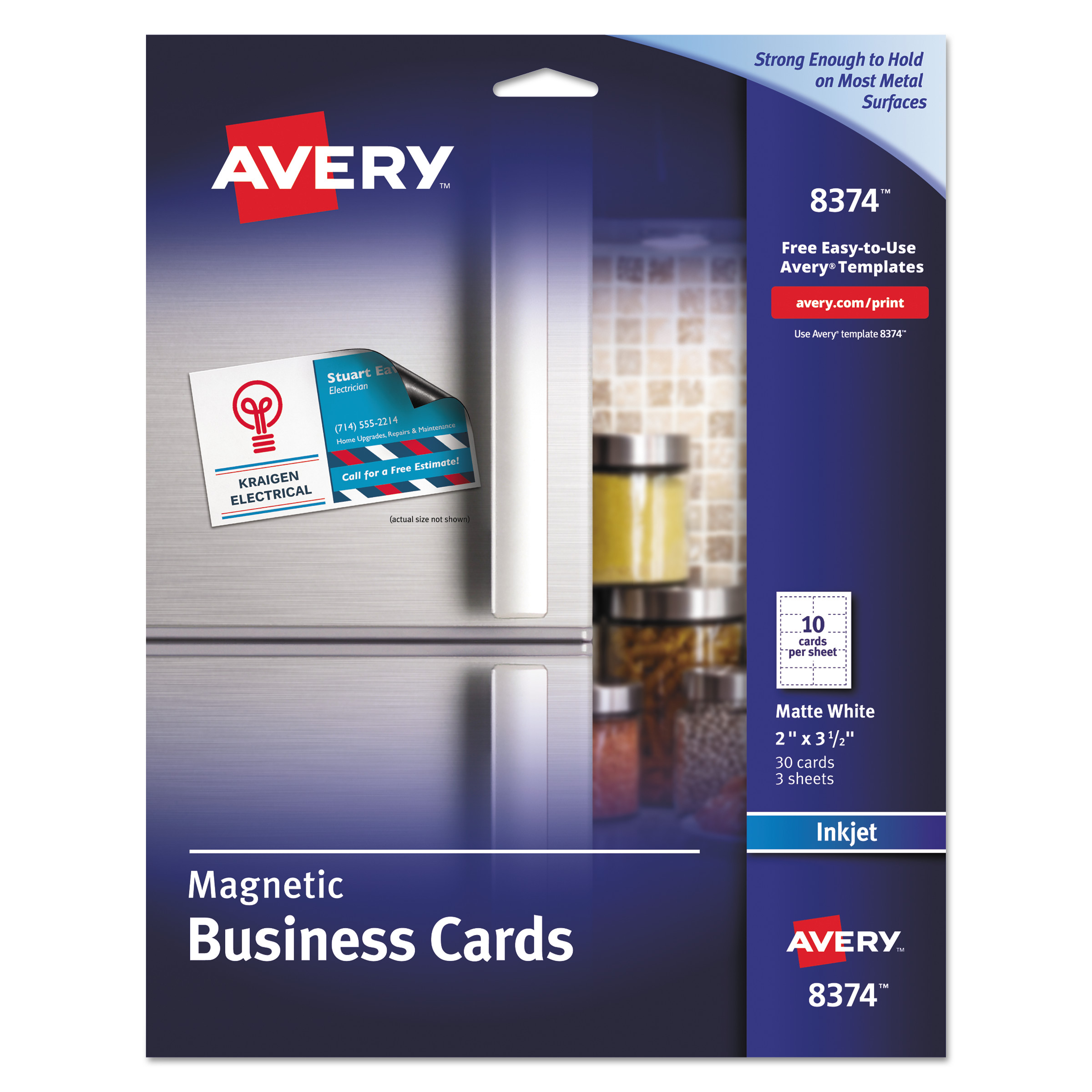  Avery 08374 Magnetic Business Cards, 2 x 3 1/2, White, 10/Sheet, 30/Pack (AVE8374) 