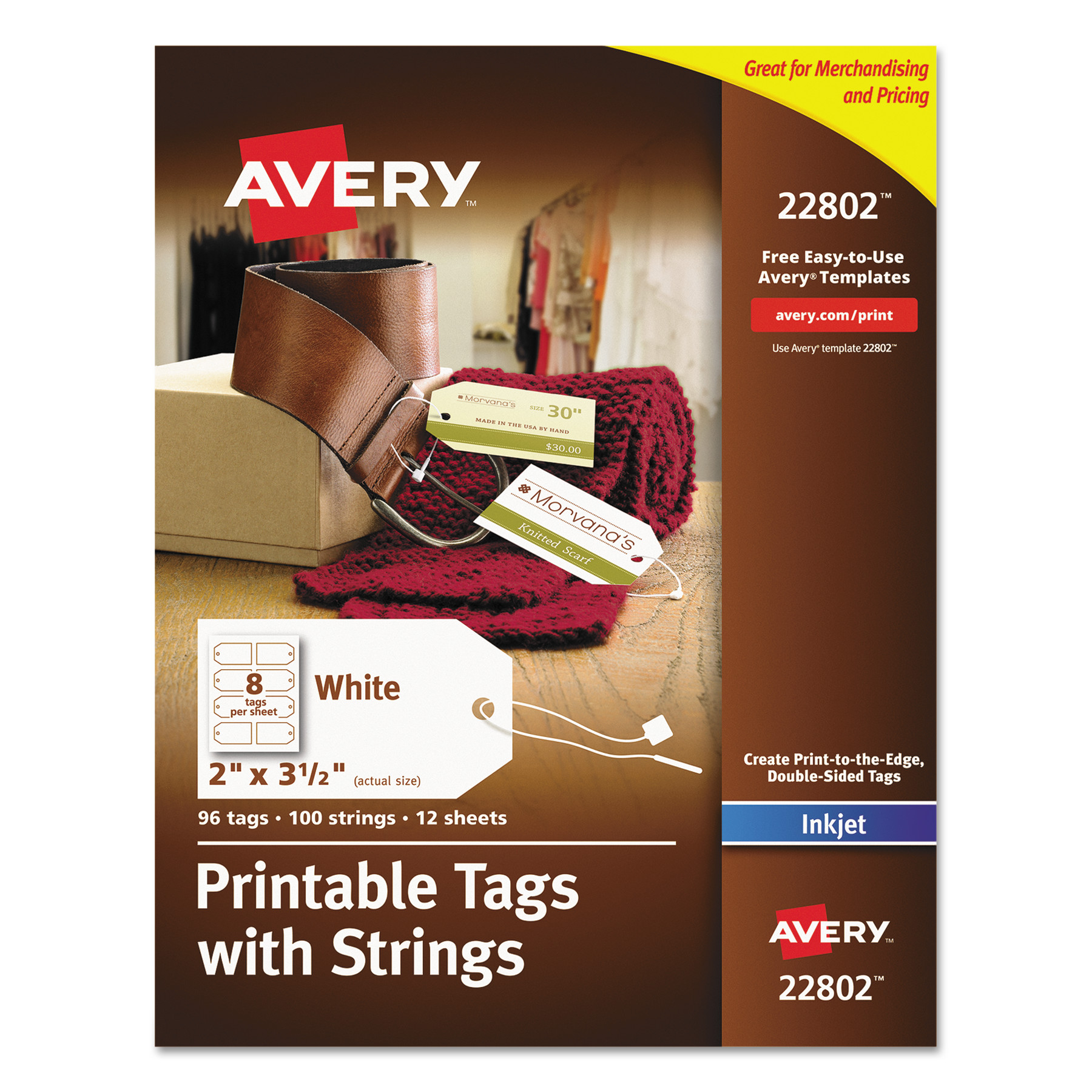  Avery 22802 Printable Rectangular Tags with Strings, 2 x 3 1/2, Matte White, 96/Pack (AVE22802) 