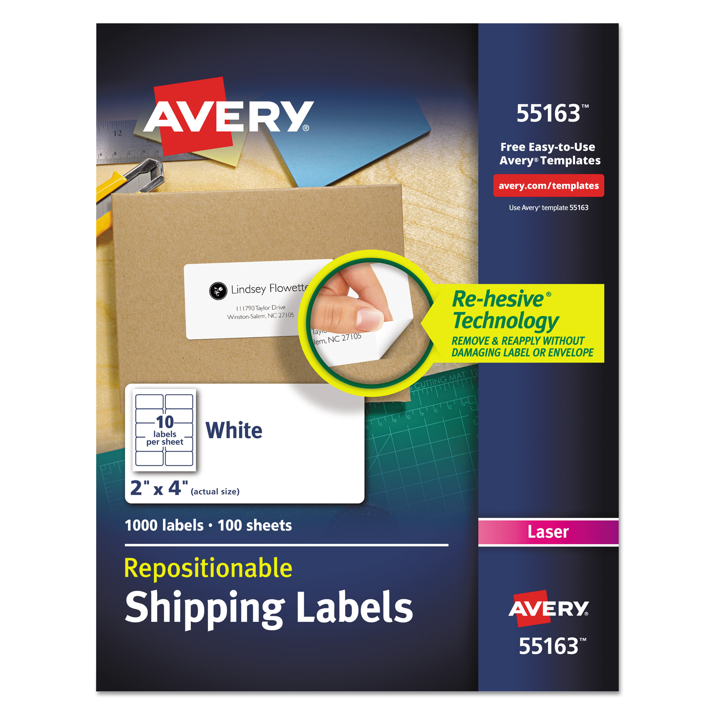  Avery 55163 Repositionable Shipping Labels w/Sure Feed, Inkjet/Laser, 2 x 4, White, 1000/Box (AVE55163) 