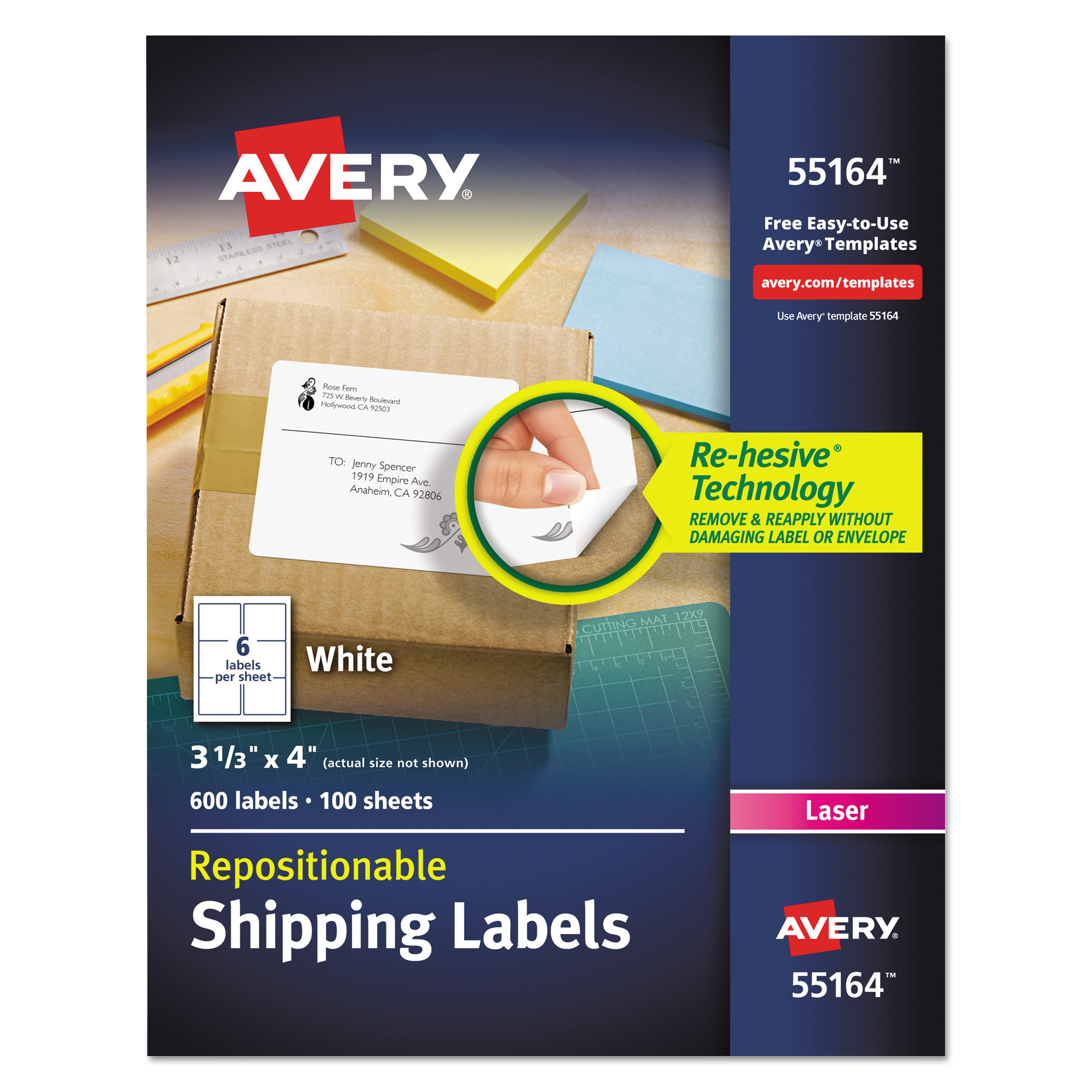  Avery 55164 Repositionable Shipping Labels w/SureFeed, Laser, 3 1/3 x 4, White, 600/Box (AVE55164) 