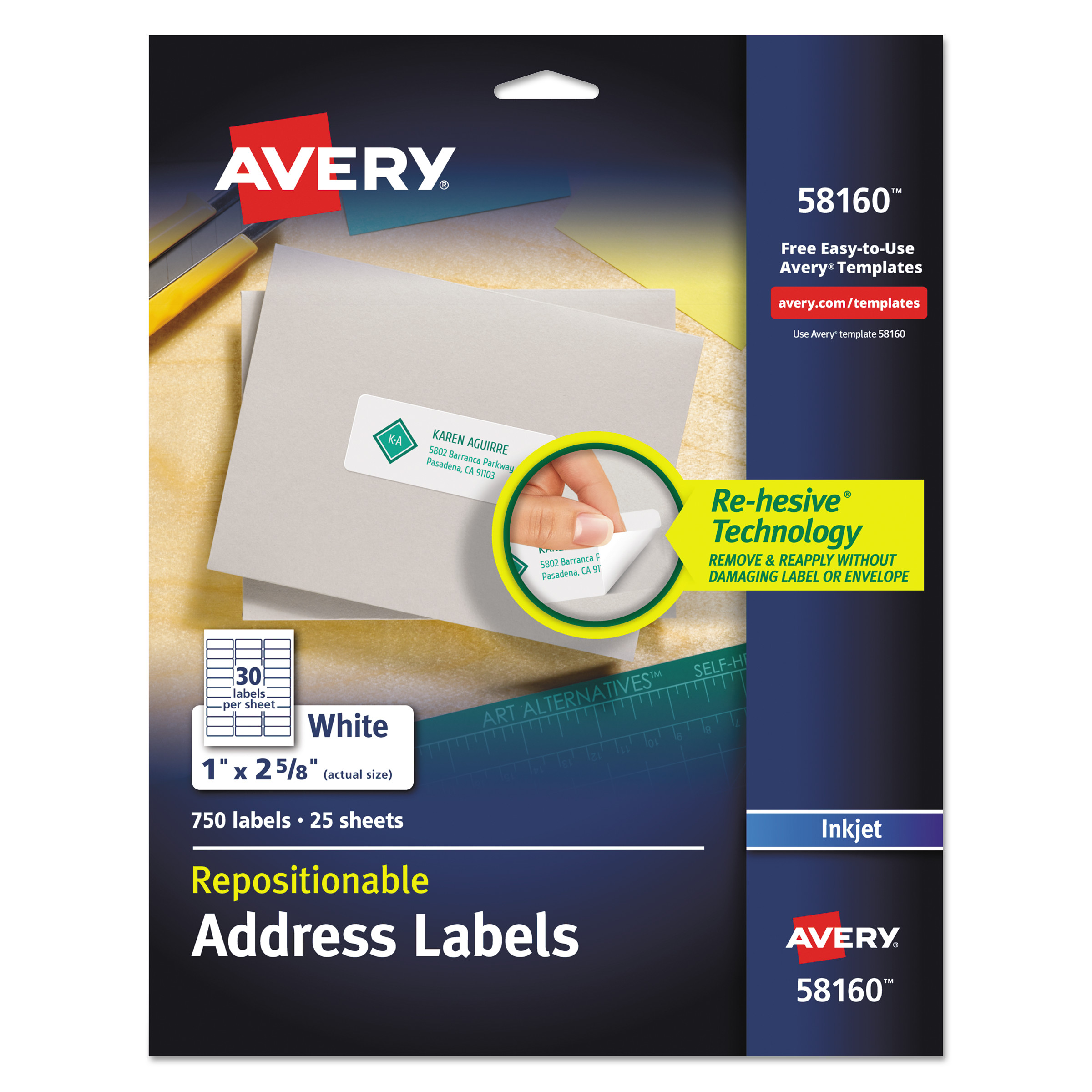  Avery 58160 Repositionable Address Labels w/SureFeed, Inkjet/Laser, 1 x 2 5/8, White, 750/BX (AVE58160) 