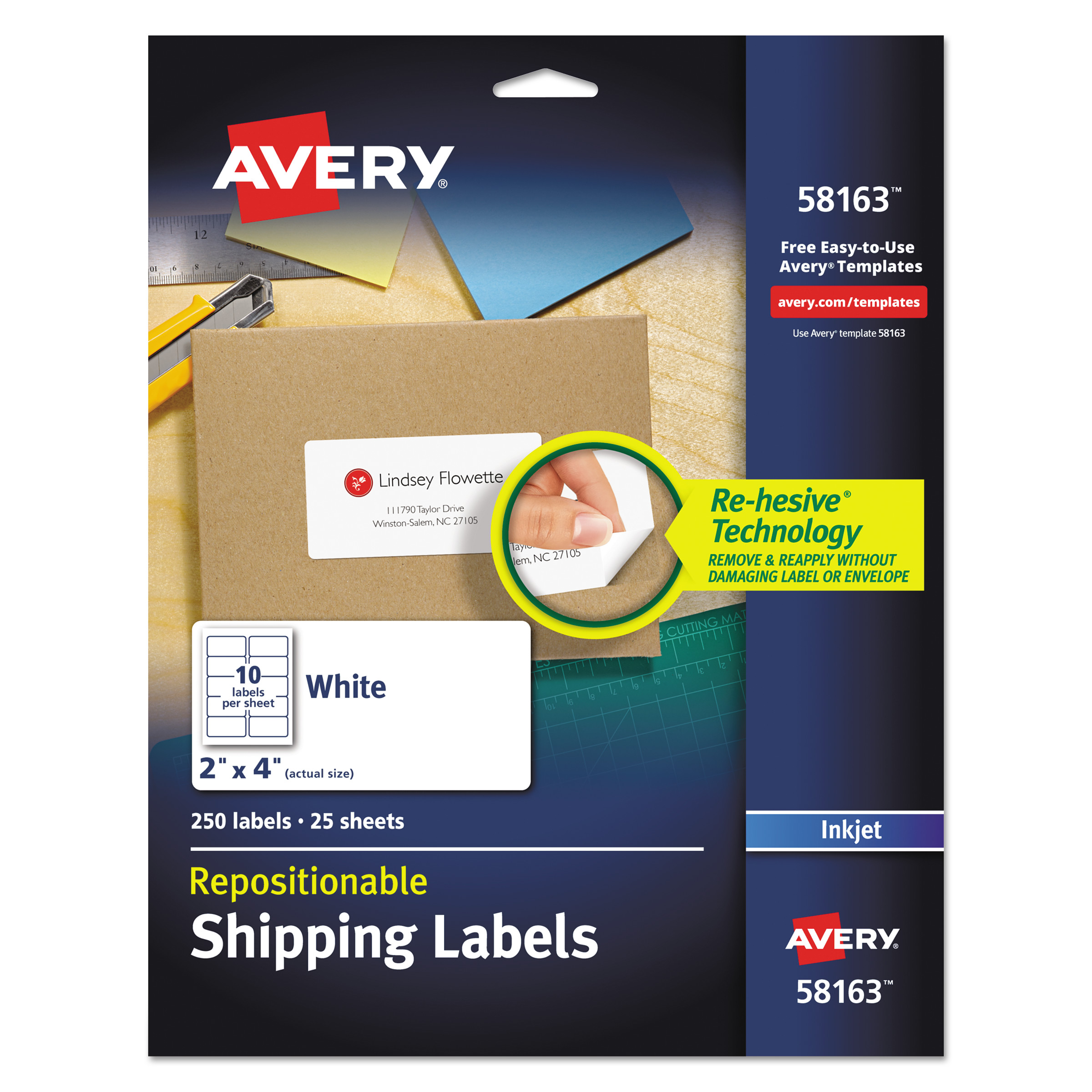  Avery 58163 Repositionable Address Labels w/Sure Feed, Inkjet/Laser, 2 x 4, White, 250/Box (AVE58163) 
