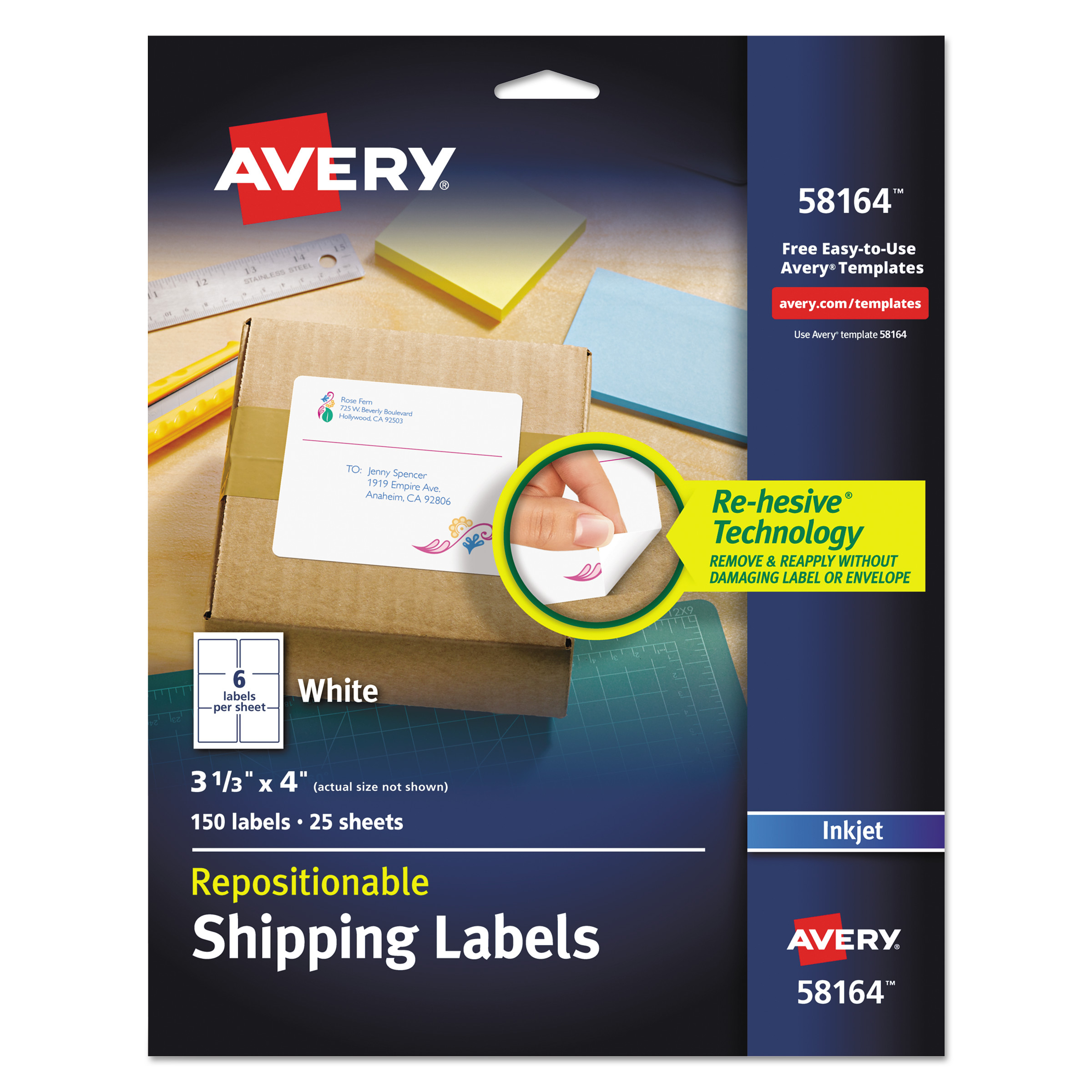  Avery 58164 Repositionable Shipping Labels w/SureFeed, Inkjet, 3 1/3 x 4, White, 150/Box (AVE58164) 