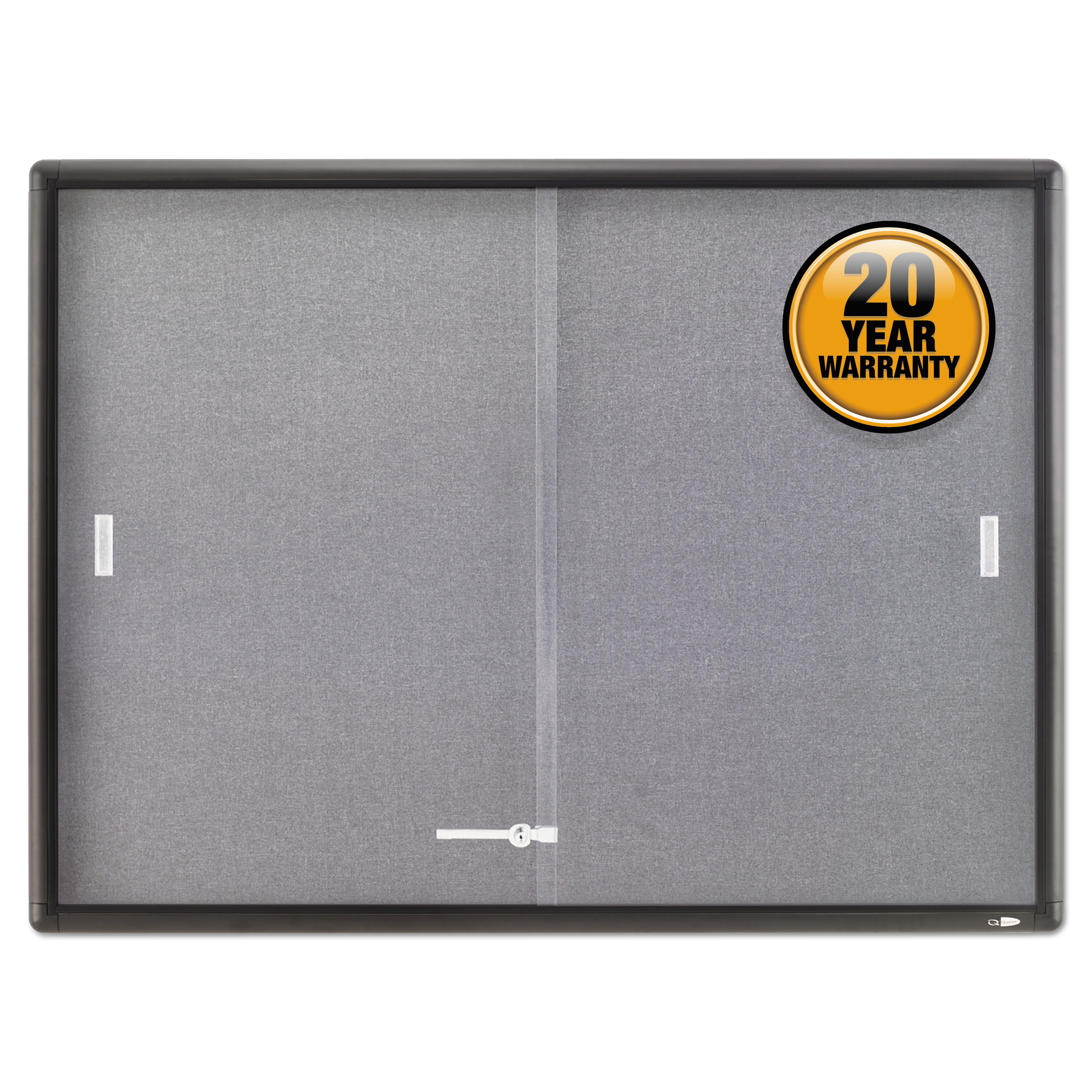 Enclosed Indoor Cork And Gray Fabric Bulletin Board With Two Sliding Glass Doors 48 X 36