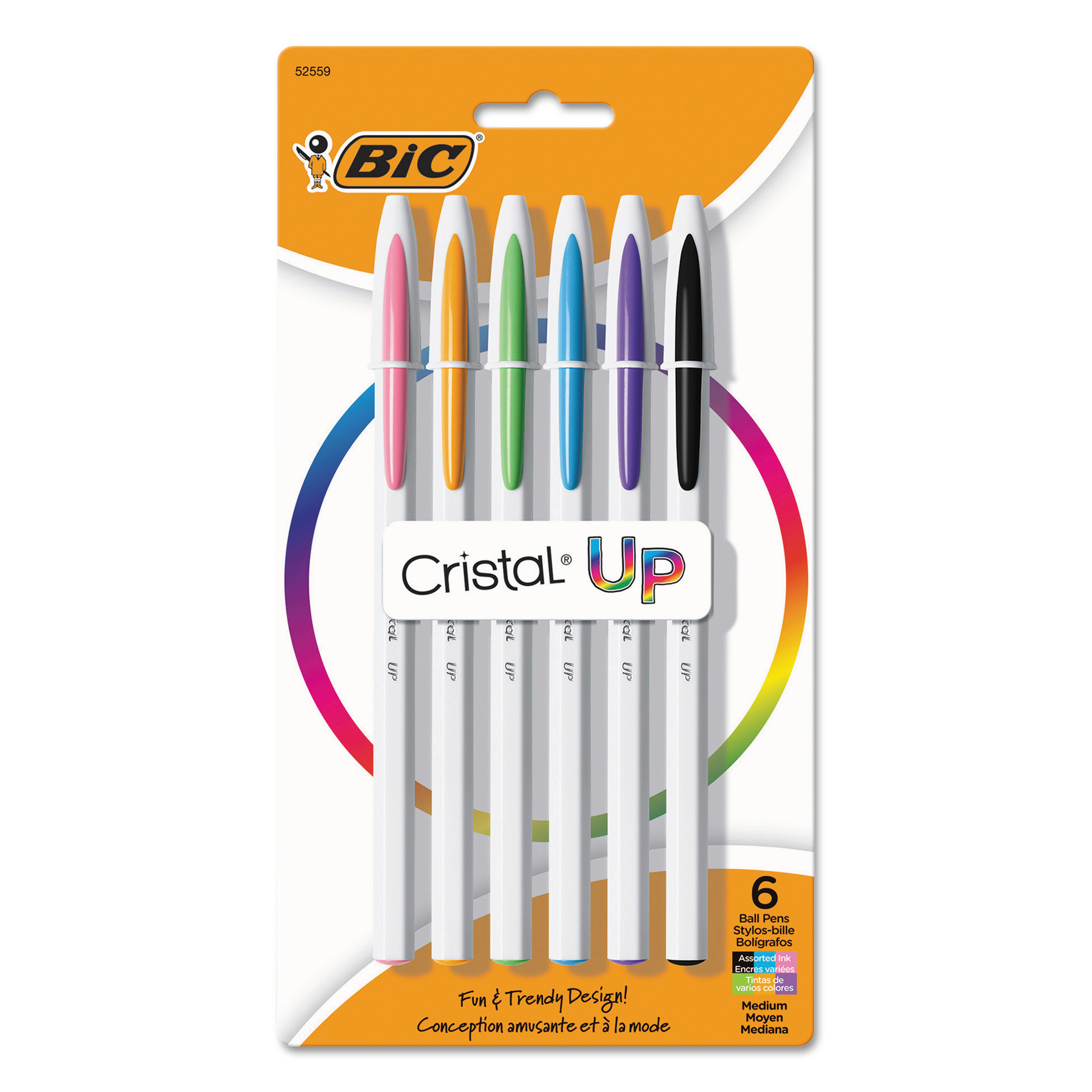  BIC MSUPAP61AST Cristal Up Stick Ballpoint Pen, Medium 1.2mm, Assorted Ink, White Barrel, 6/Pack (BICMSUPAP61AST) 
