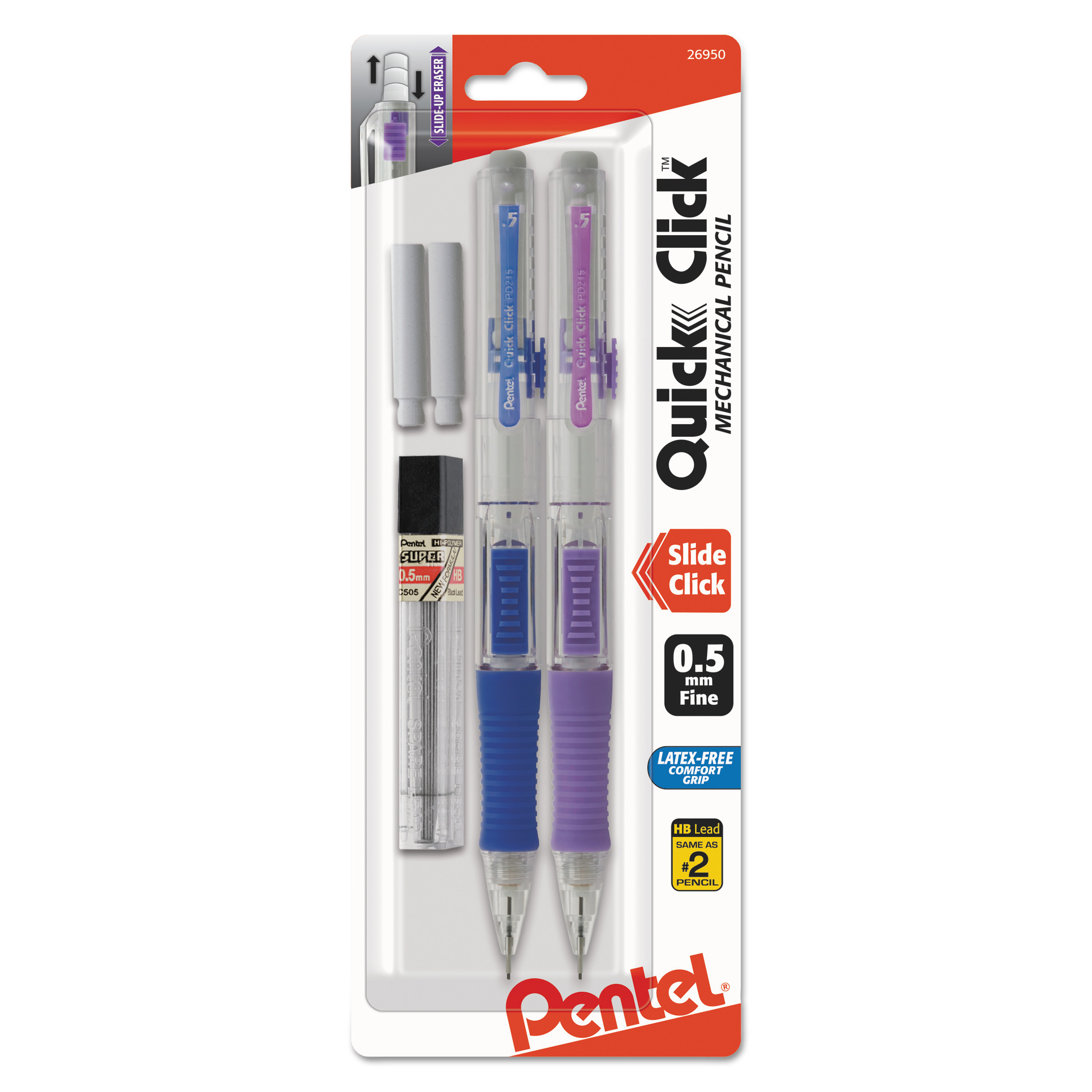  Pentel PD215LEBP2 QUICK CLICK Mechanical Pencil, 0.5 mm, HB (#2.5), Black Lead, Assorted Barrel Colors, 2/Pack (PENPD215LEBP2) 