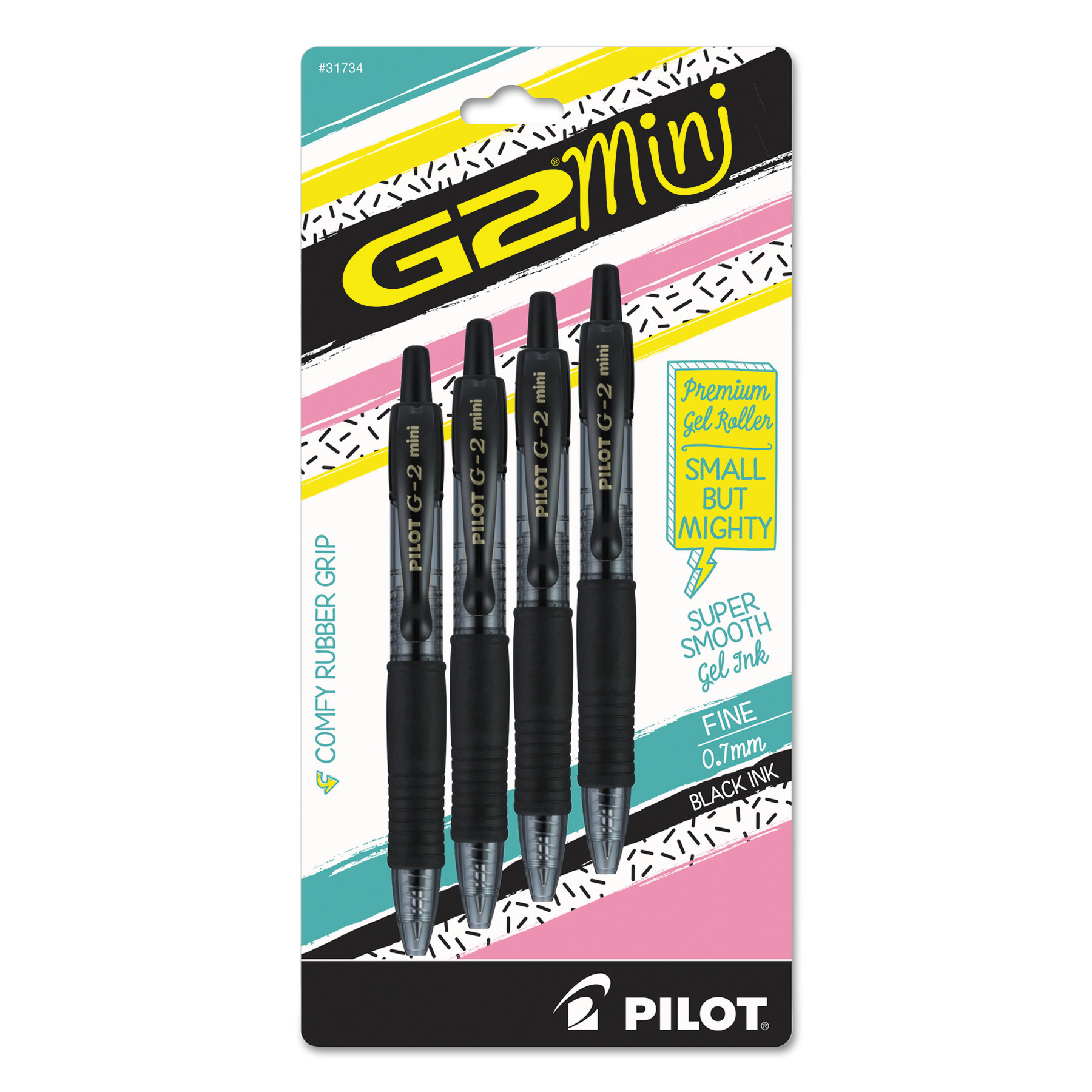  Pilot 31734 G2 Mini Retractable Gel Pen, Fine 0.7mm, Black Ink/Barrel, 4/Pack (PIL31734) 