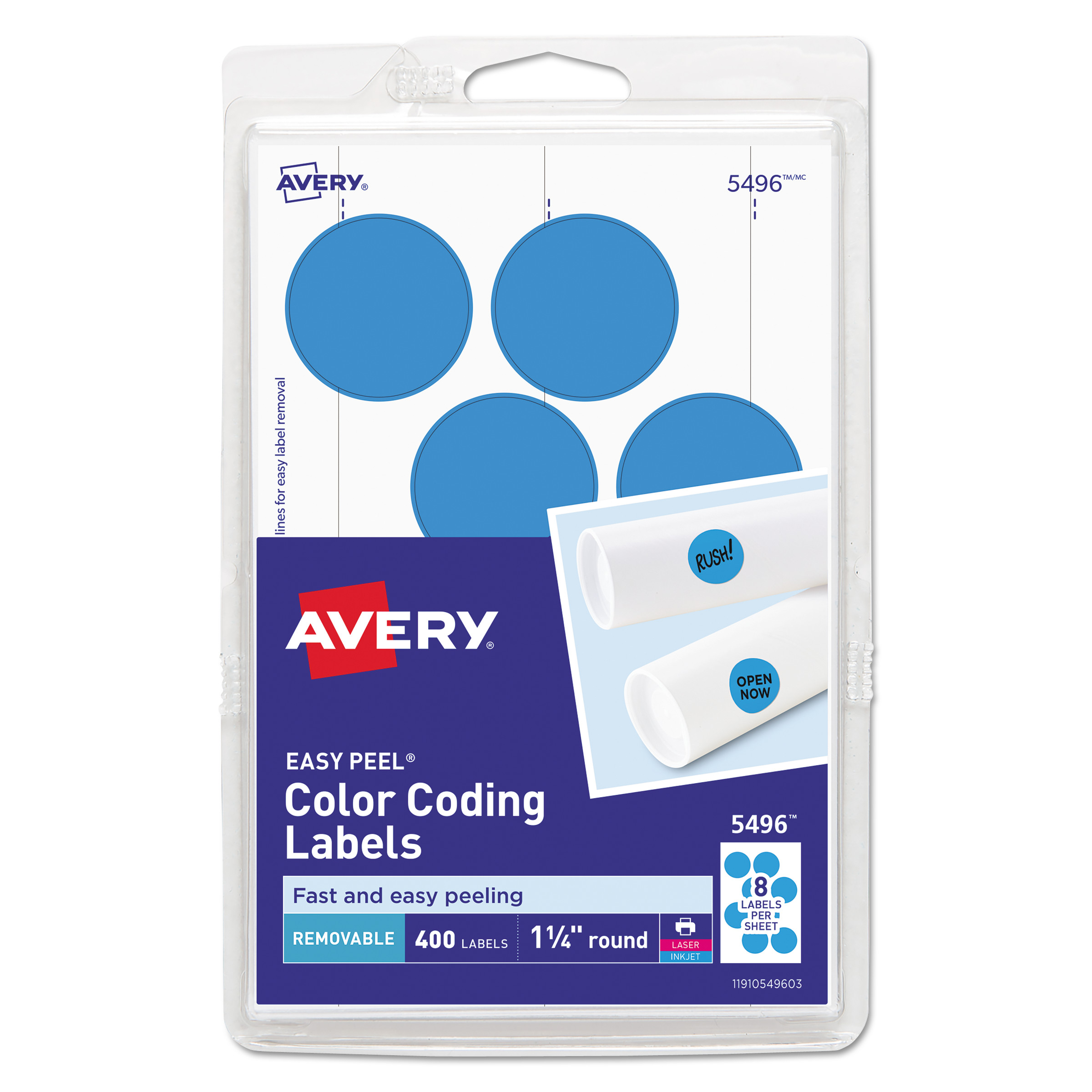  Avery 05496 Printable Self-Adhesive Removable Color-Coding Labels, 1.25 dia., Light Blue, 8/Sheet, 50 Sheets/Pack (AVE05496) 