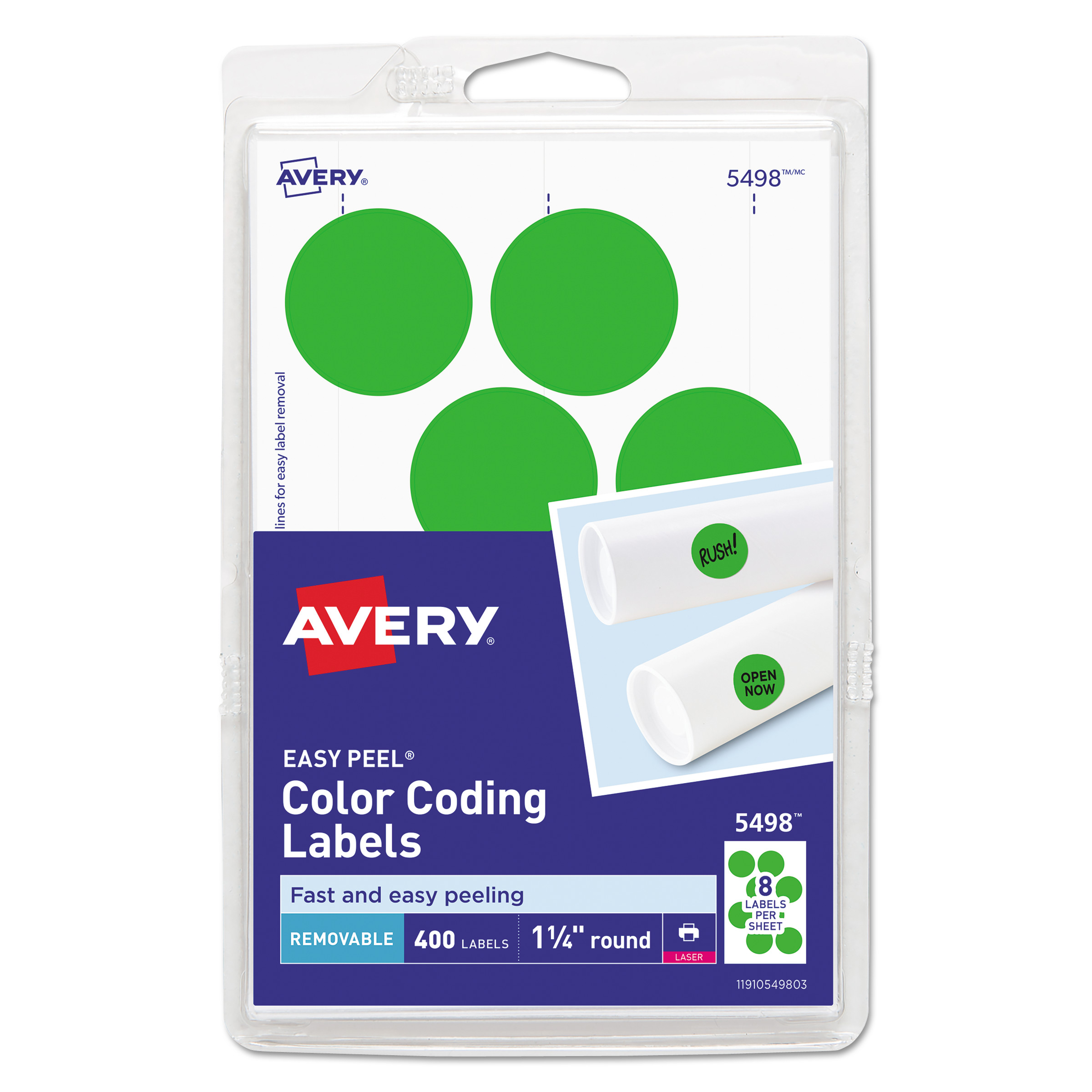 Avery 05498 Printable Self-Adhesive Removable Color-Coding Labels, 1.25 dia., Neon Green, 8/Sheet, 50 Sheets/Pack (AVE05498) 