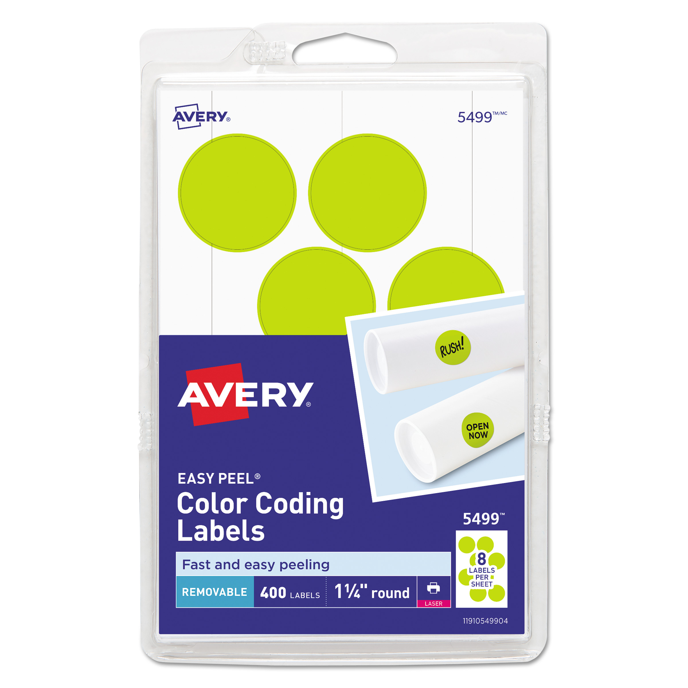  Avery 05499 Printable Self-Adhesive Removable Color-Coding Labels, 1.25 dia., Neon Yellow, 8/Sheet, 50 Sheets/Pack (AVE05499) 