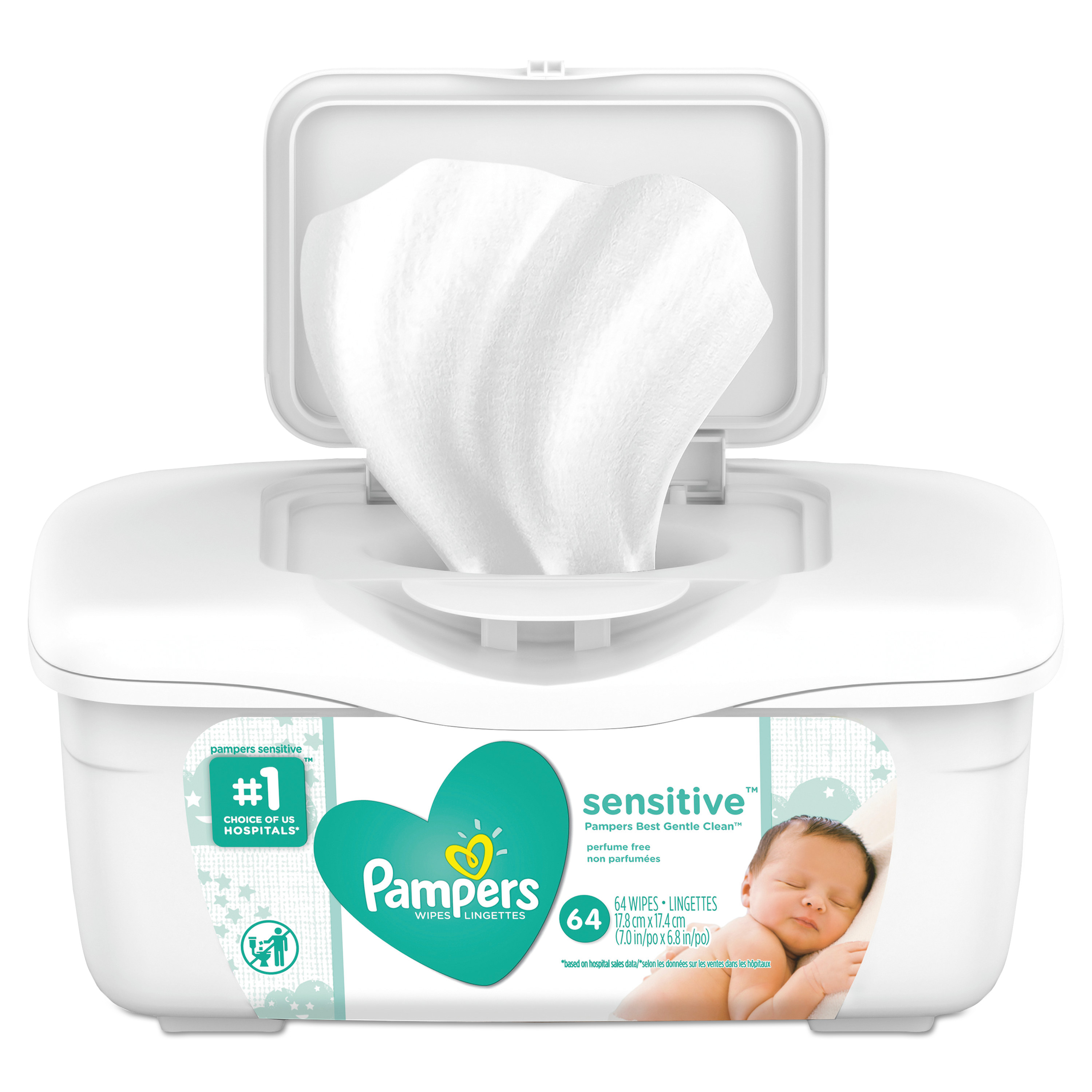  Pampers 19505 Sensitive Baby Wipes, White, Cotton, Unscented, 64/Tub, 8 Tub/Carton (PGC19505CT) 
