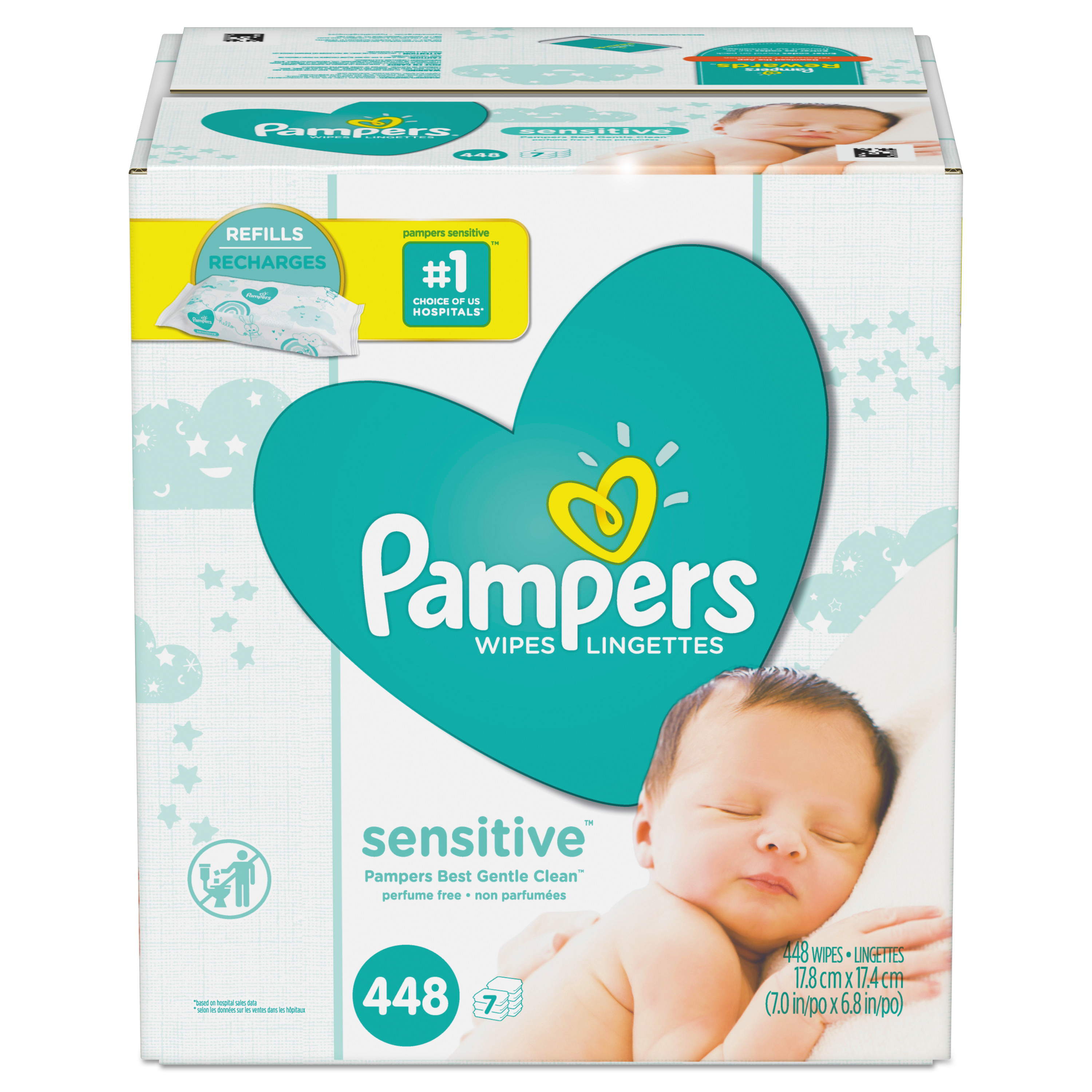  Pampers 19513 Sensitive Baby Wipes, White, Cotton, Unscented, 64/Pouch, 7 Pouches/Carton (PGC19513CT) 